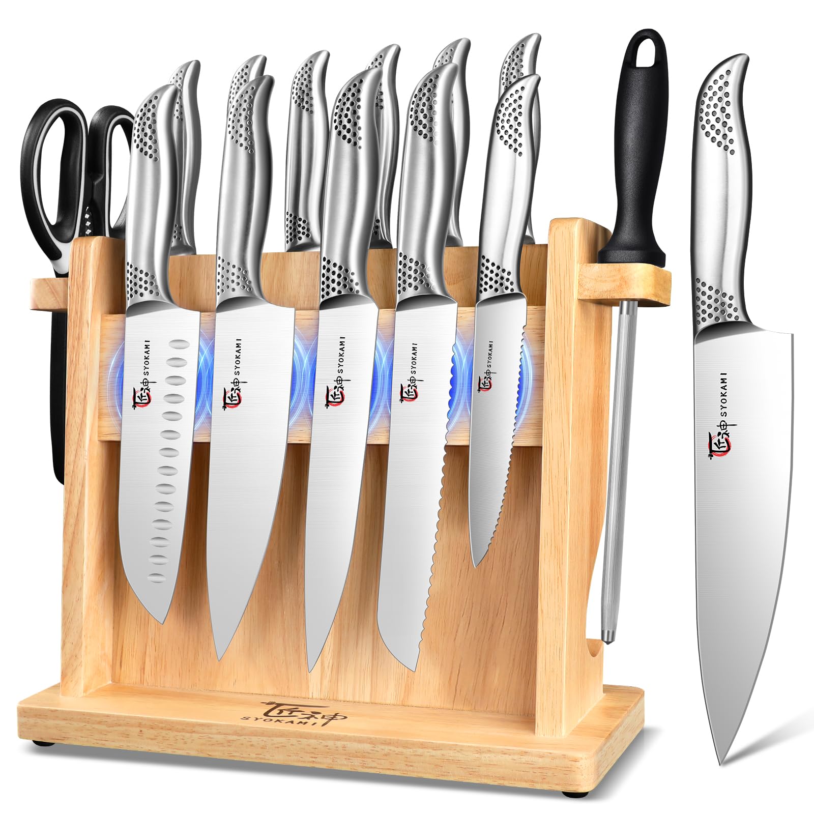 Jolof Store 14-Piece Japanese Stainless Steel Knife Set with Magnetic Block
