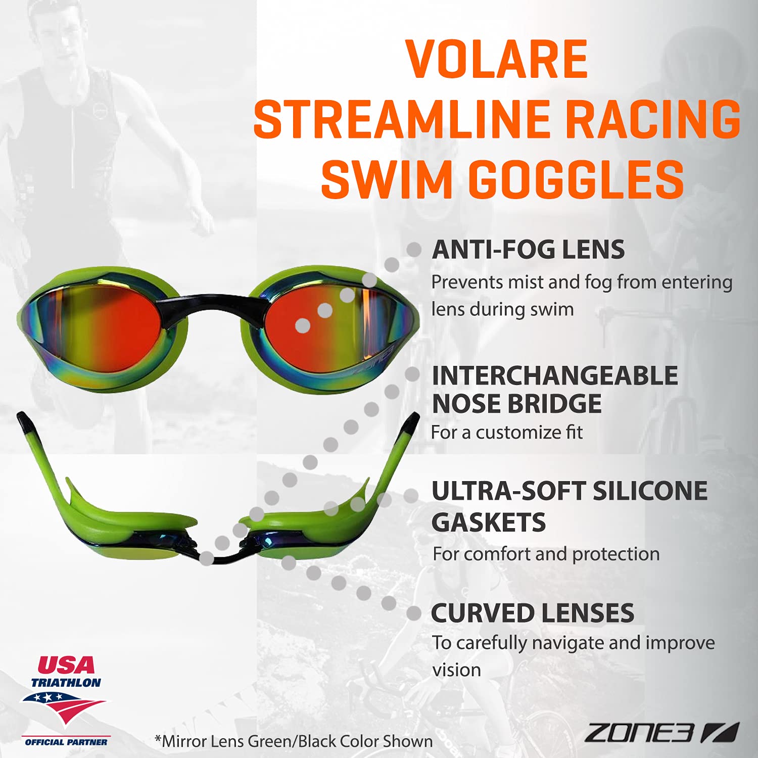ZONE3 Volare Racing Swim Goggles – Mirror Lens Open Water – Green/Black