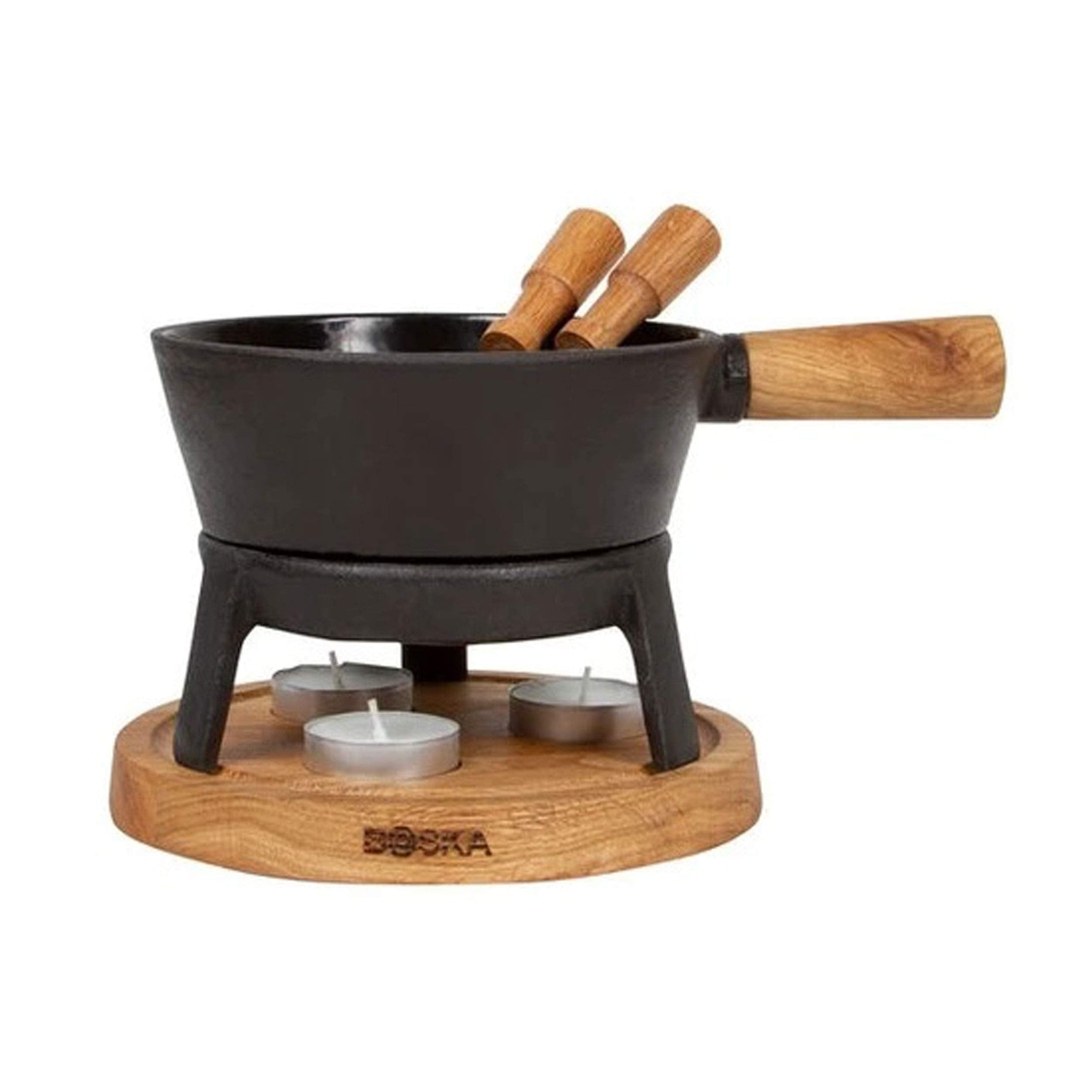 Boska Fondue Set Pro S – Cast Iron Cheese Fondue with Oak Base & Forks