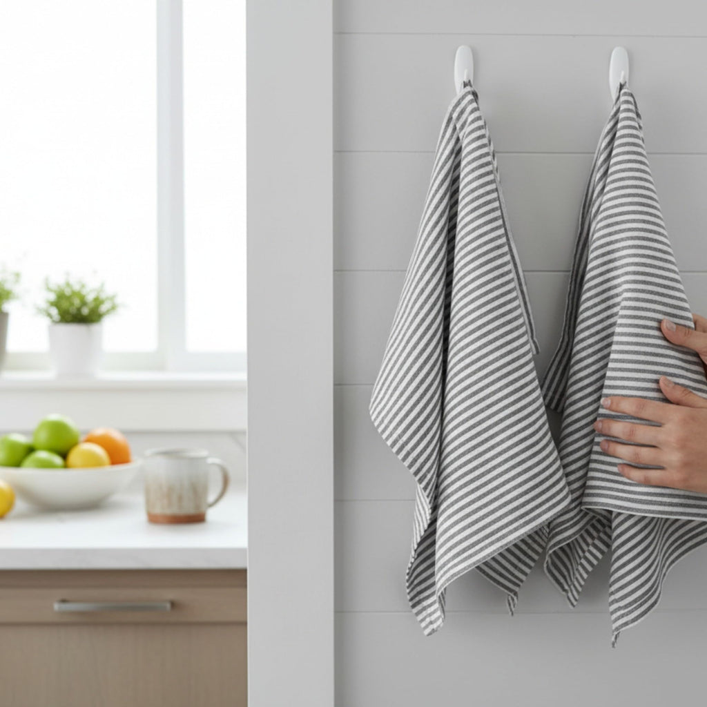 Eight Owls Stonewashed Linen Kitchen Dish Towels – 50 x 68 cm – 100% Pure Linen Tea Towel/Hand Towel - set of 2 Charcoal Stripe - image 4