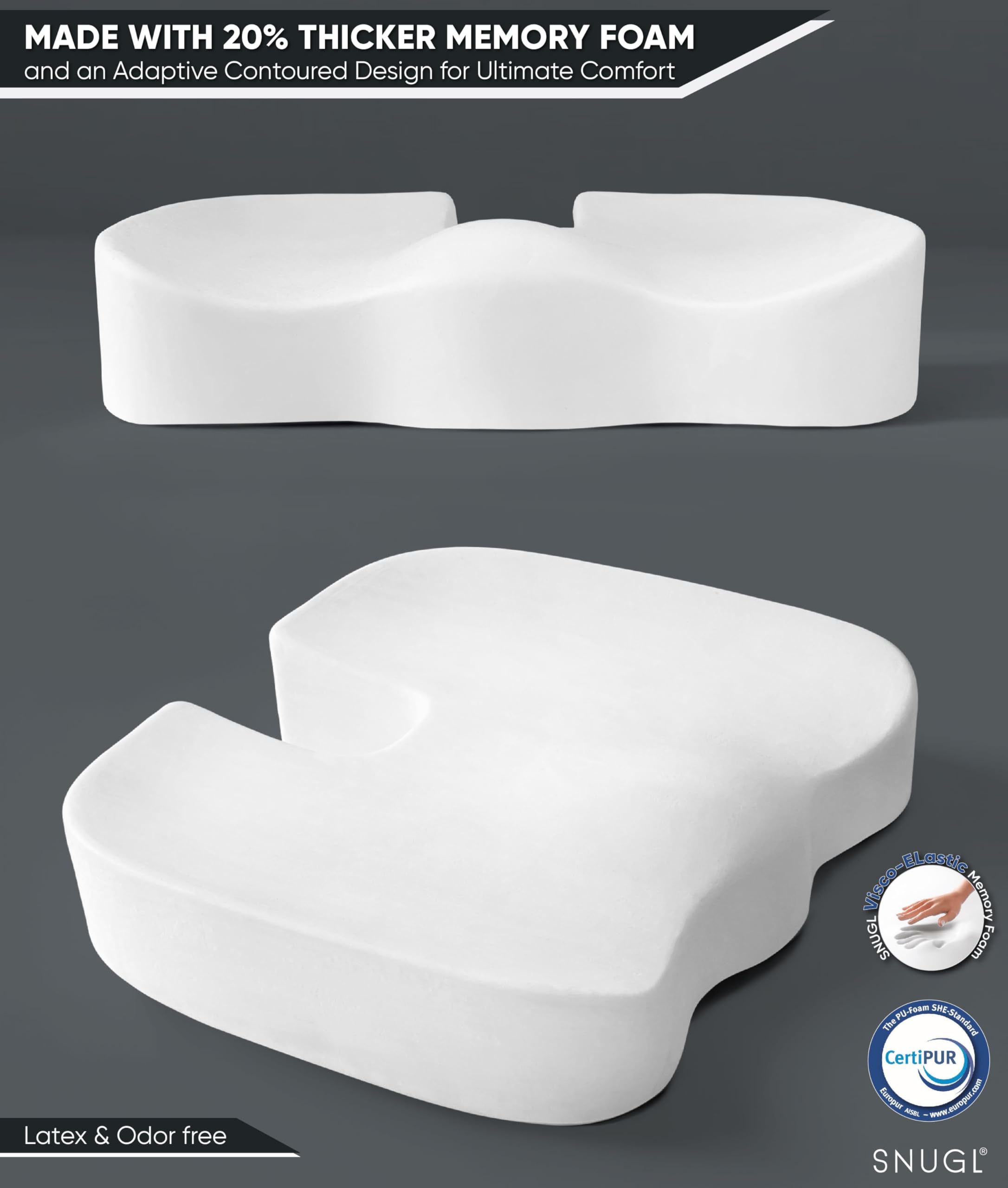 SNUGL Coccyx Cushion | Thick Memory Foam Orthopedic Seat for Pain Relief
