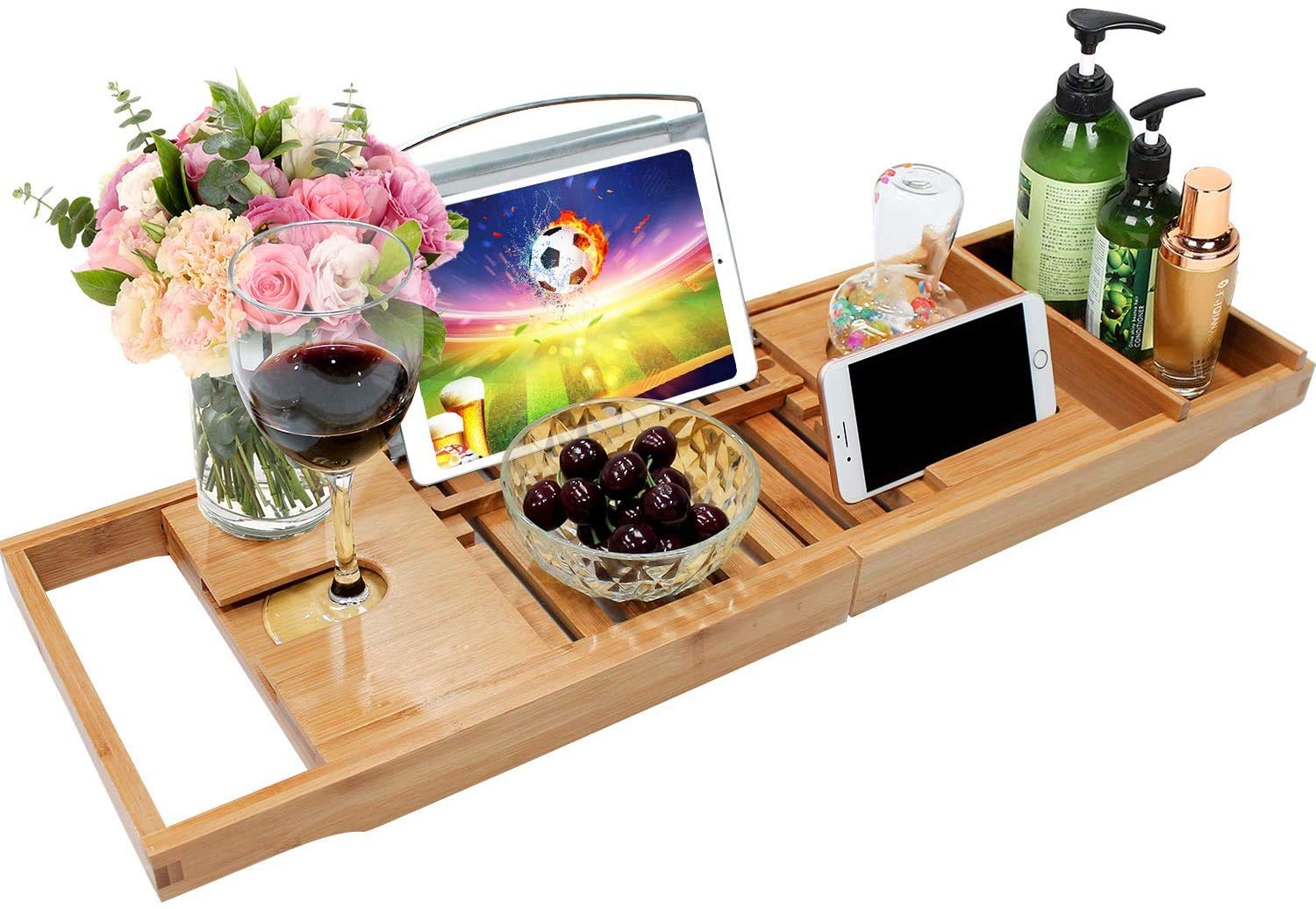 Bamboo Bathtub Caddy Tray | Extendable Bath Bridge with Holders