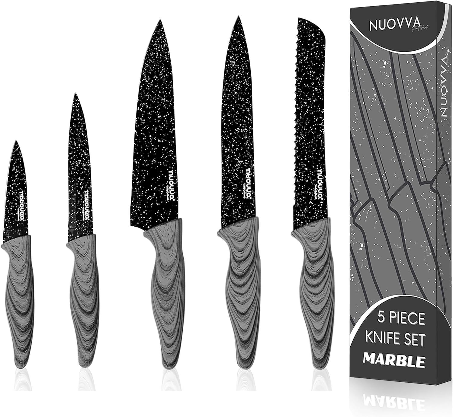 nuovva 5-Piece Professional Kitchen Knife Set – Black Granite Non-Stick
