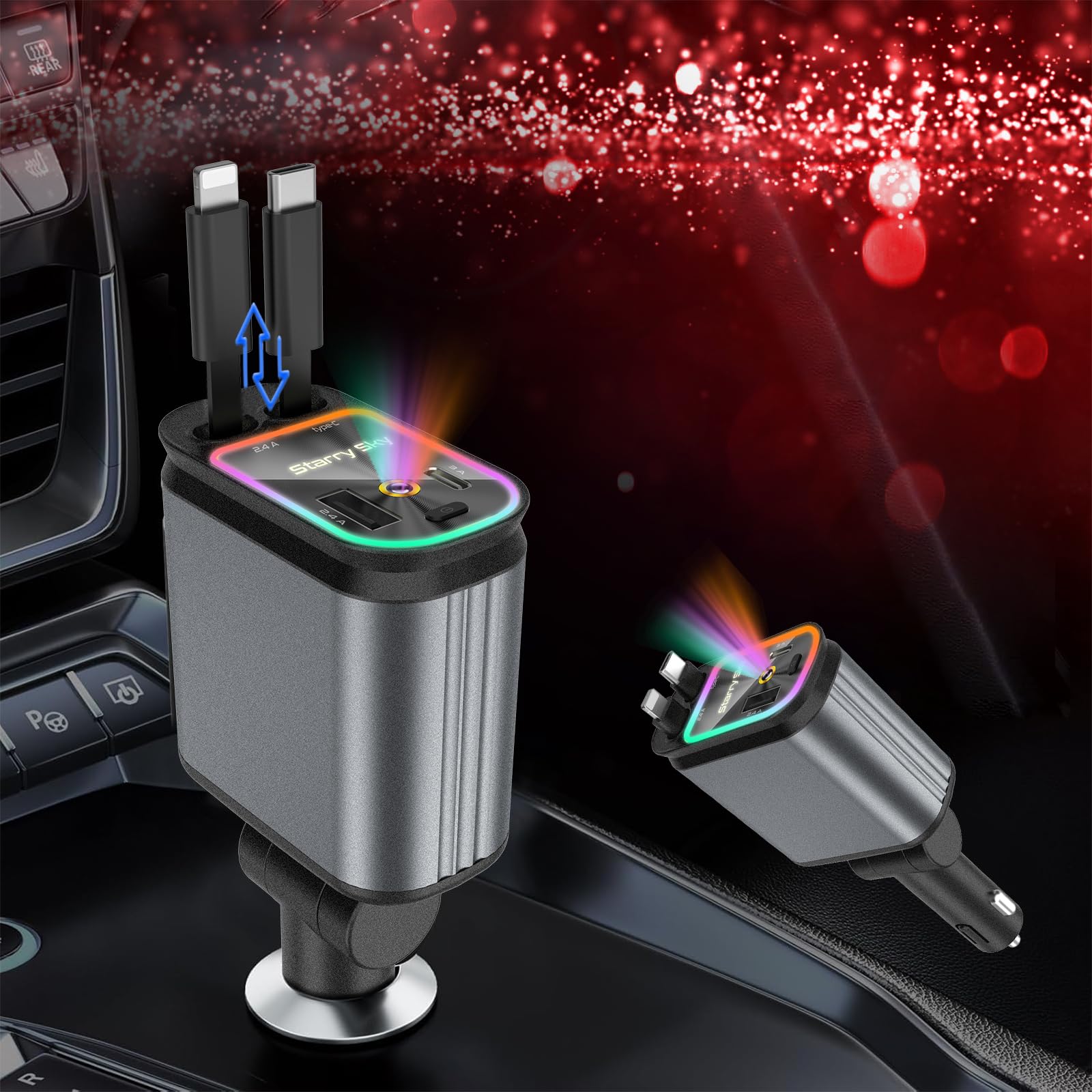 4-in-1 Retractable Car Charger – 66W Fast USB-C with Starry Light