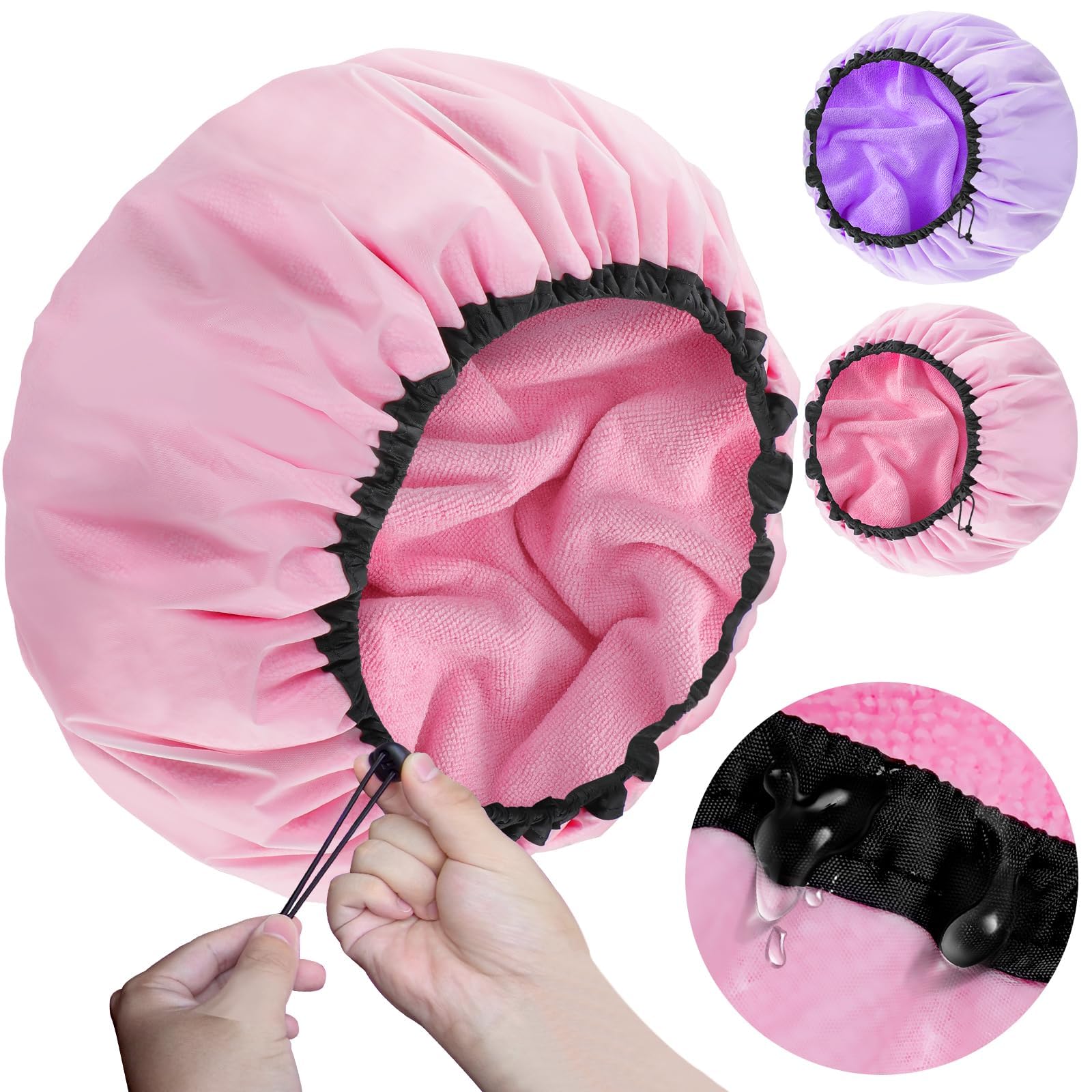 Sheomern Extra Large Terry Cloth Lined Shower Cap | Adjustable Waterproof 2-Pack