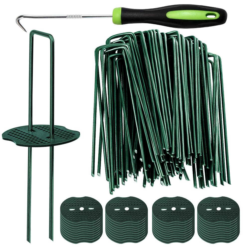 Bakulyor 200 Green Garden Pegs | 6" Steel Landscape Staples with Washers