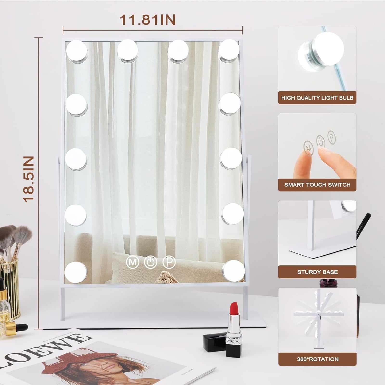 Hansong Hollywood Vanity Mirror with 12 Dimmable LED Bulbs & 10X Magnifier