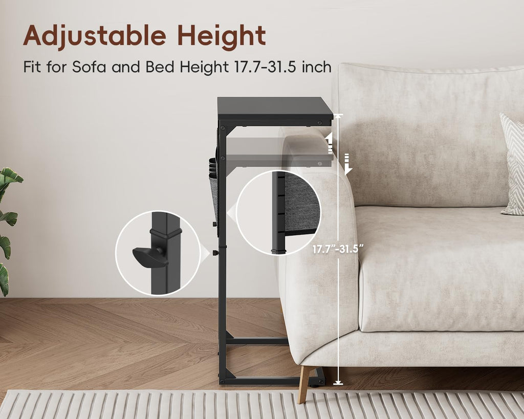 Vagusicc C-Shaped Side Table with Charging Station, Height Adjustable Sofa Side Table, Bedside Table, End Table for Small Spaces