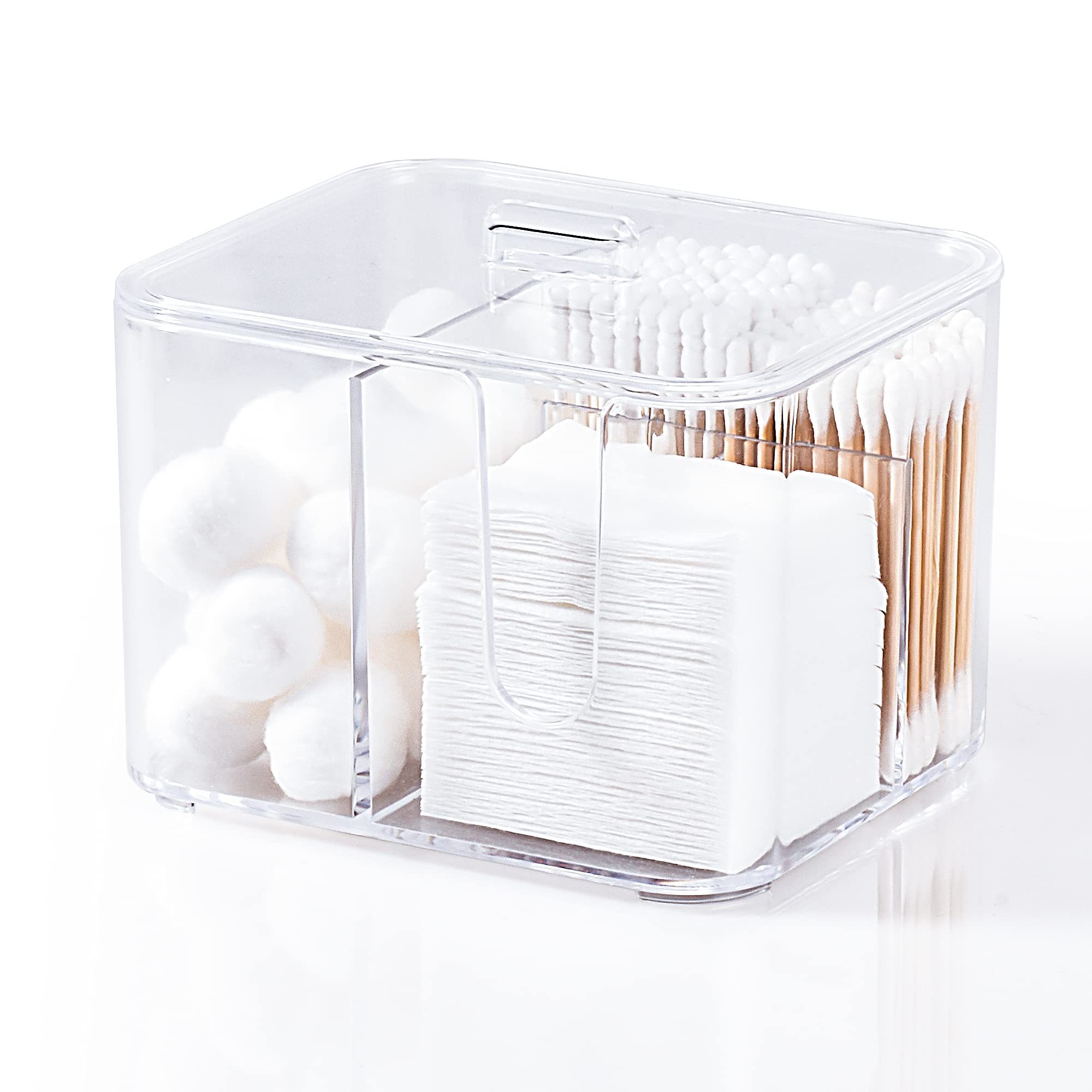 YOHOM Clear Cotton Bud Holder and Pad Dispenser – 4 Compartment Box