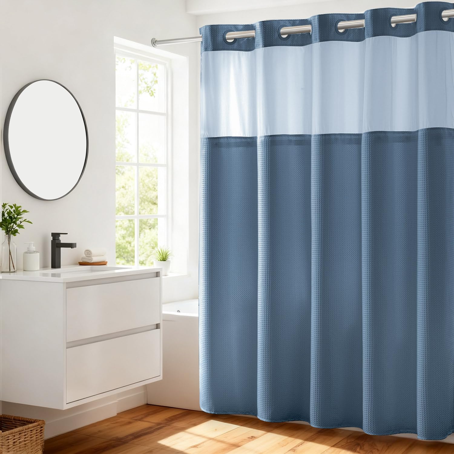 River Dream Waffle Weave Shower Curtain with Snap-in Liner - Moonlight Blue