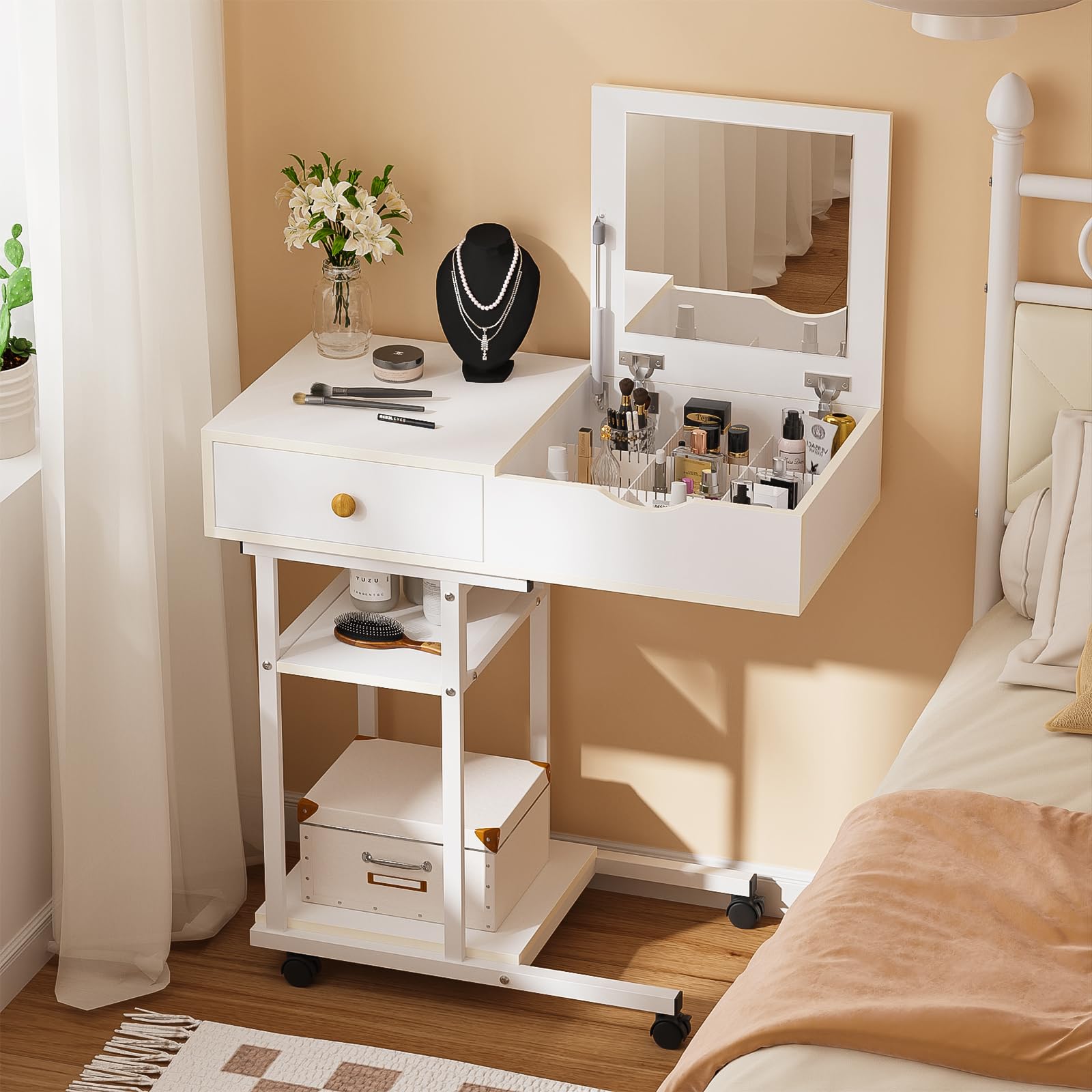 Ulifance Moveable Vanity Desk | Small Space Makeup Table with Mirror