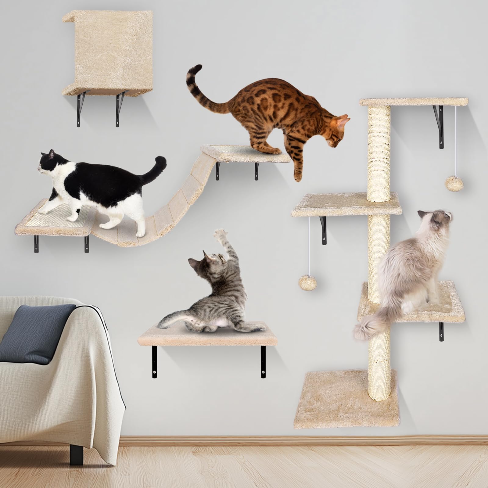 MASTERTOP 4-in-1 Cat Wall Furniture Set – Sisal Scratching Post & Tree