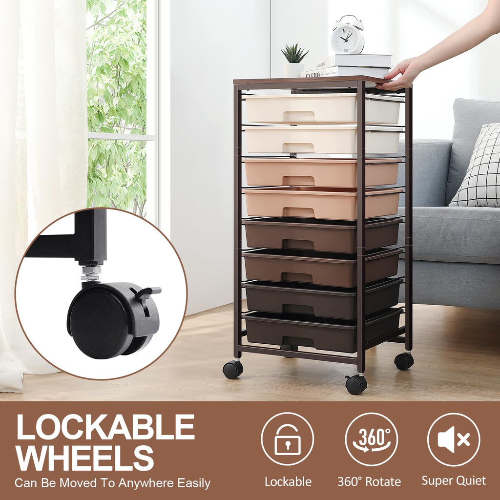 SYKIARIOL 8-Drawer Storage Trolley Rolling Cart with Lockable Wheels, Brown - image 3