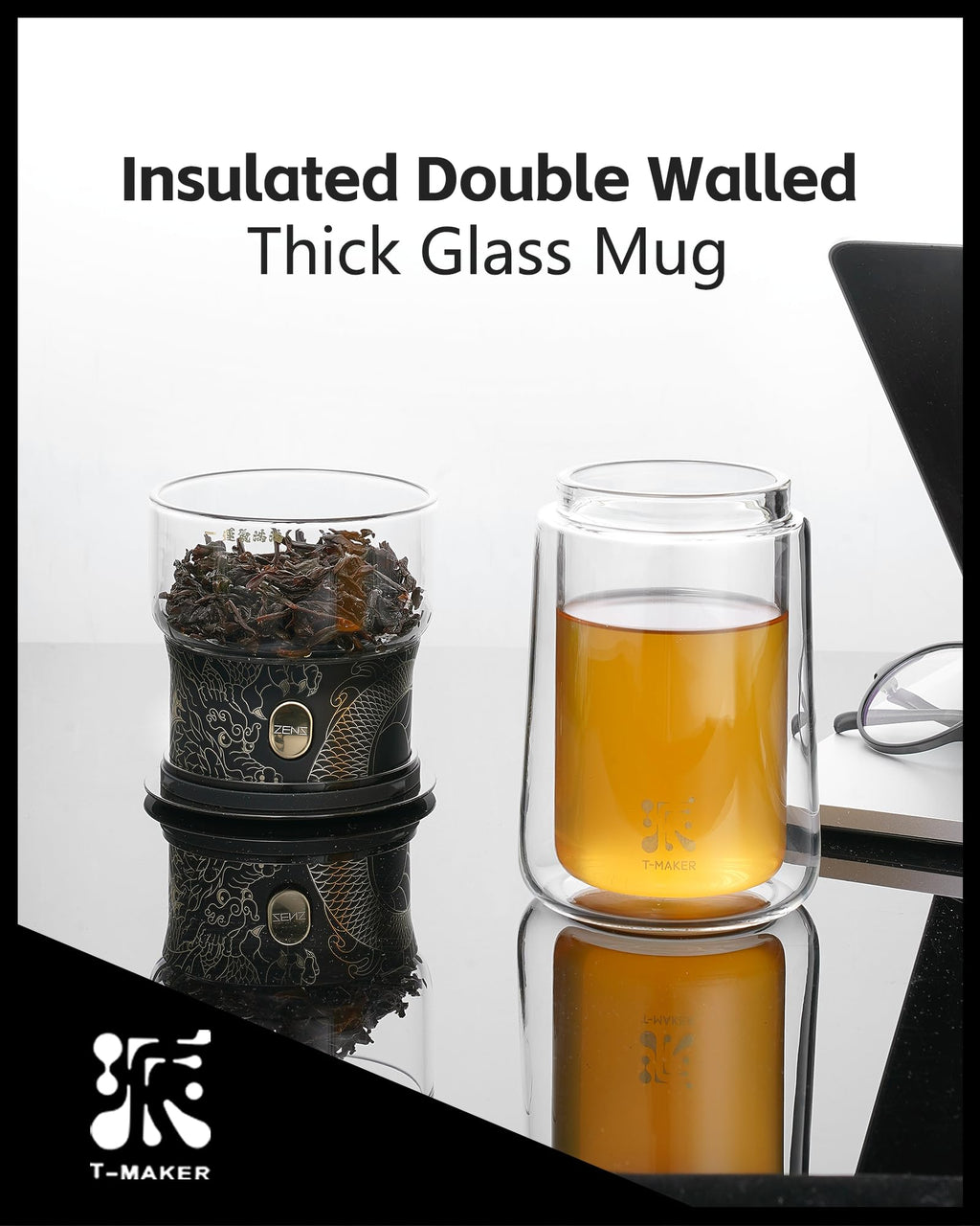 ZENS One Touch Glass Tea Maker | Portable Infuser Pot with Insulated Cup