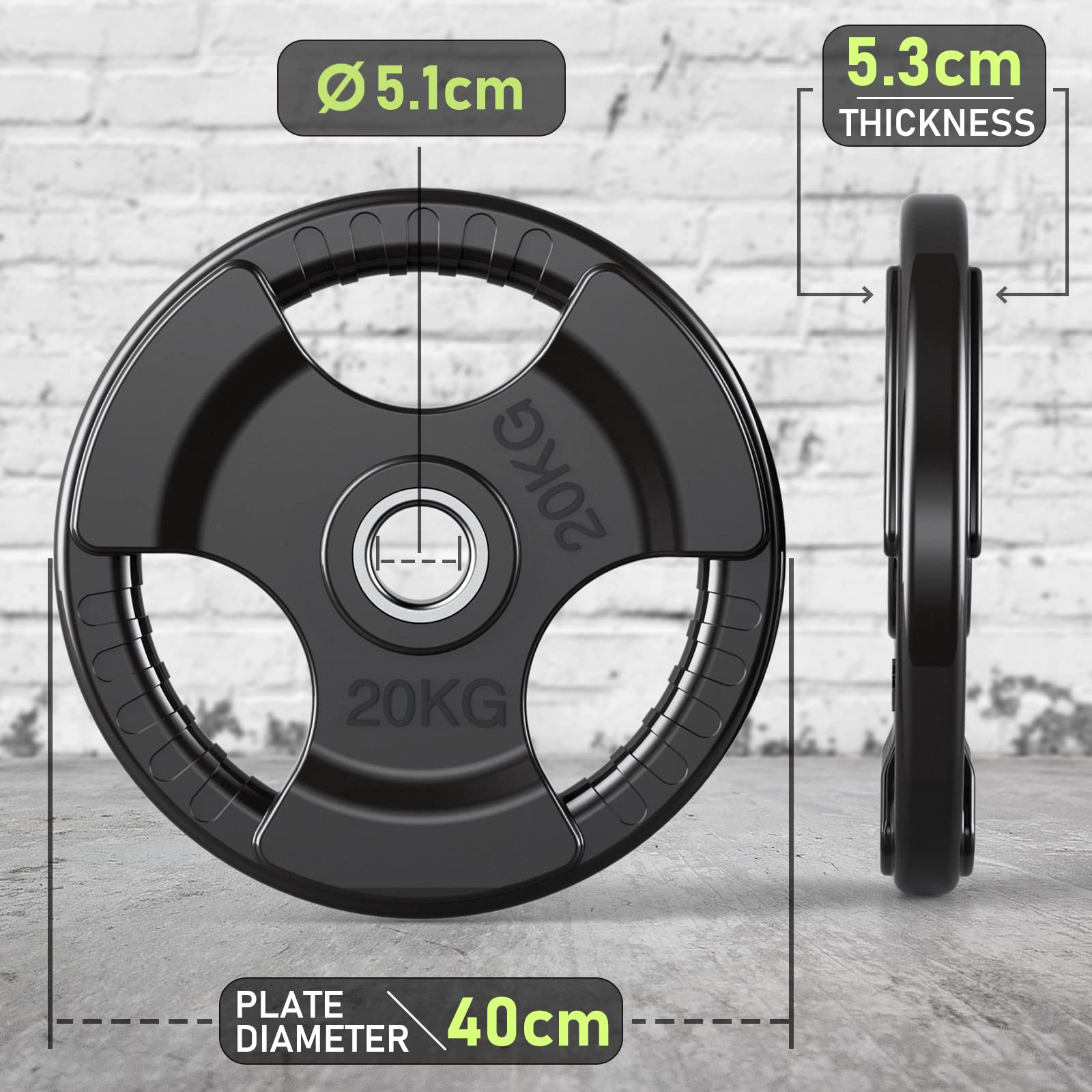 PhysKcal 20kg Olympic Weight Plate | Rubber Coated Tri-Grip Cast Iron