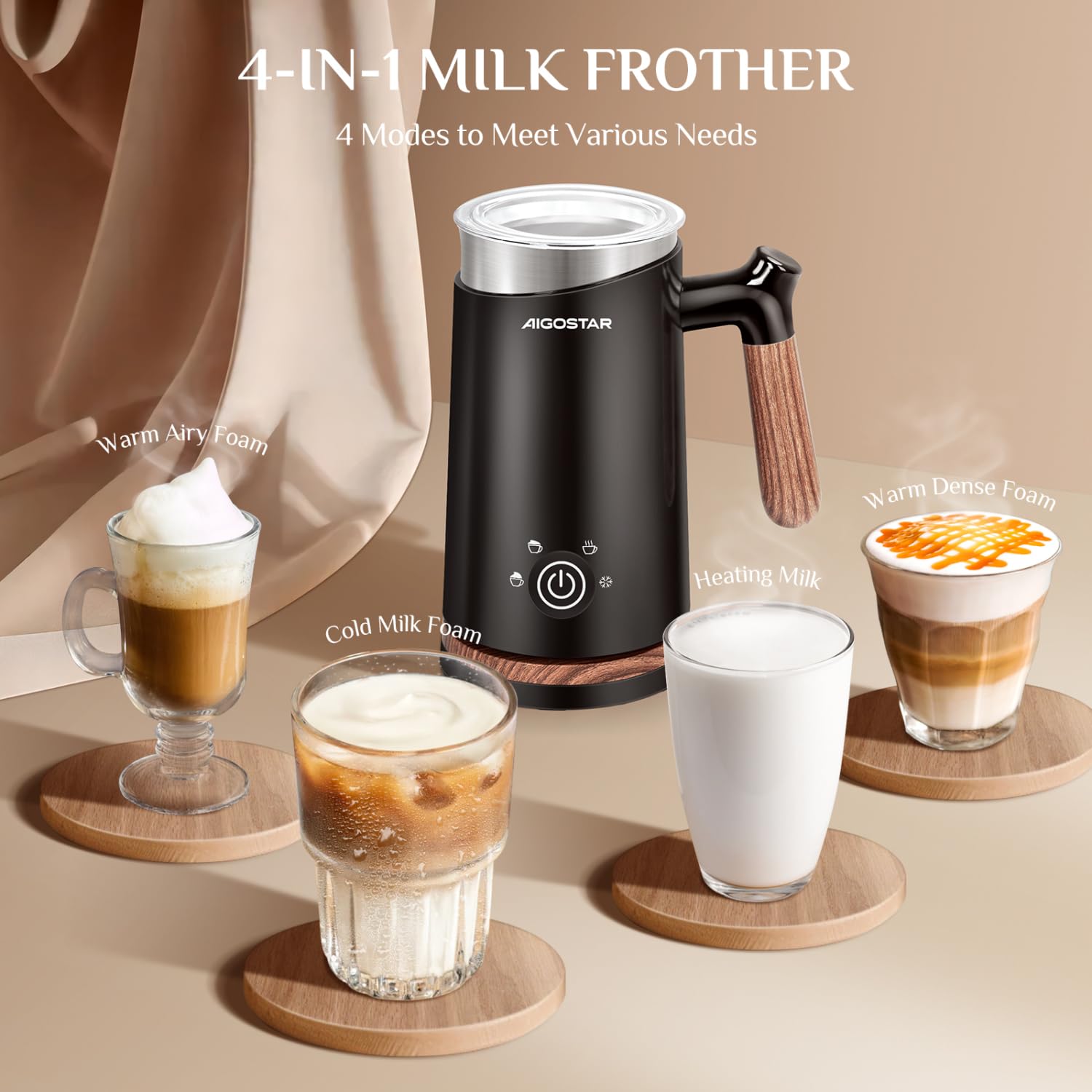 Aigostar 4-in-1 Electric Milk Frother and Warmer | 300ml Milk Steamer