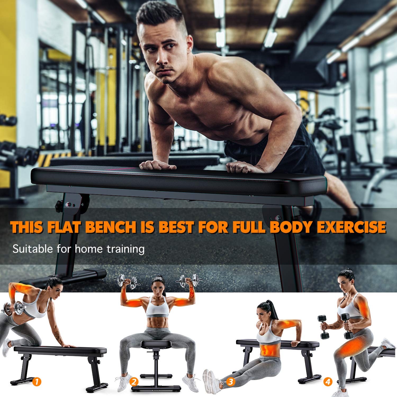 WINNOW Folding Weight Bench – Portable Flat Home Workout Fitness Bench
