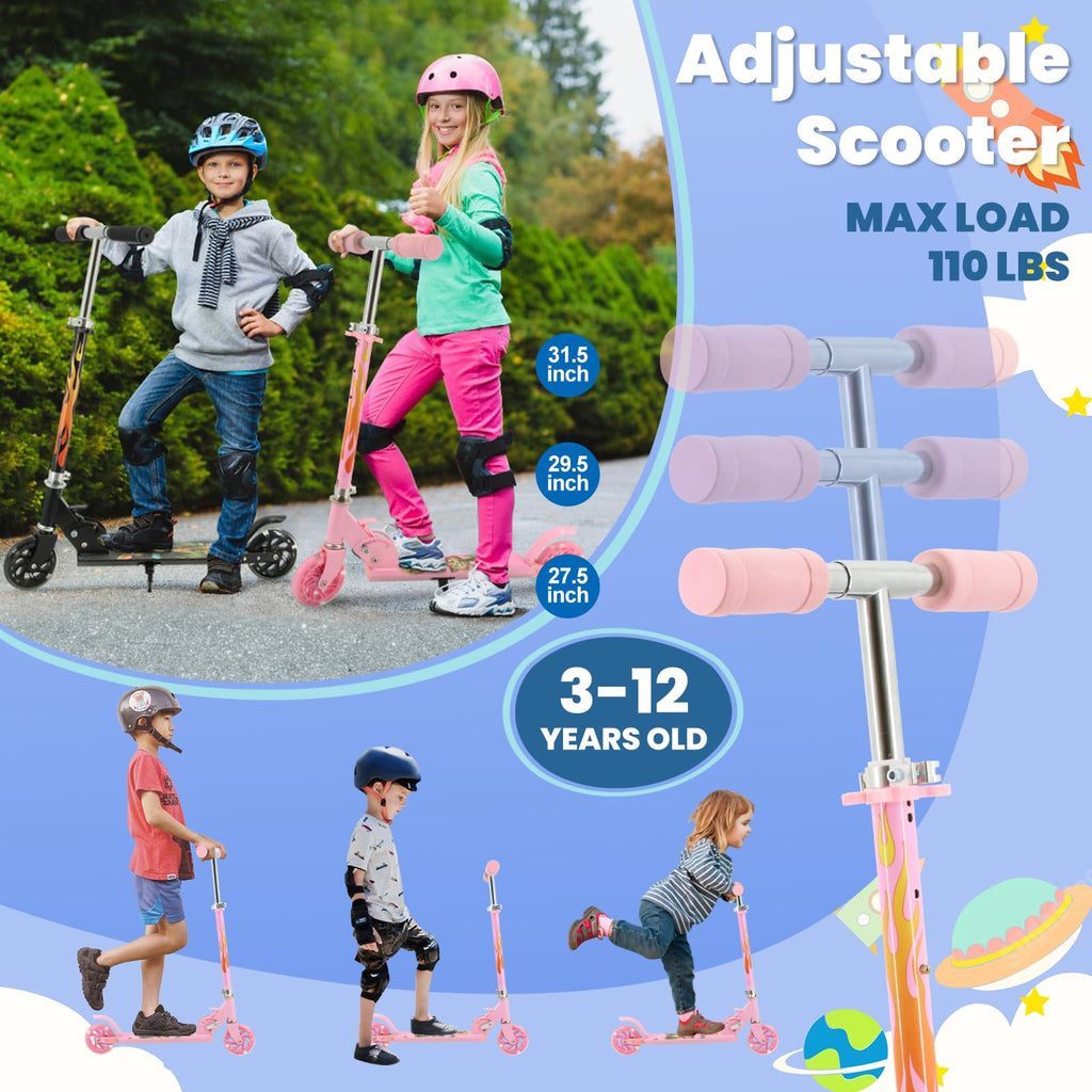 Tenboom Kids Kick Scooter – Pink Flame LED Wheels & Foldable Design