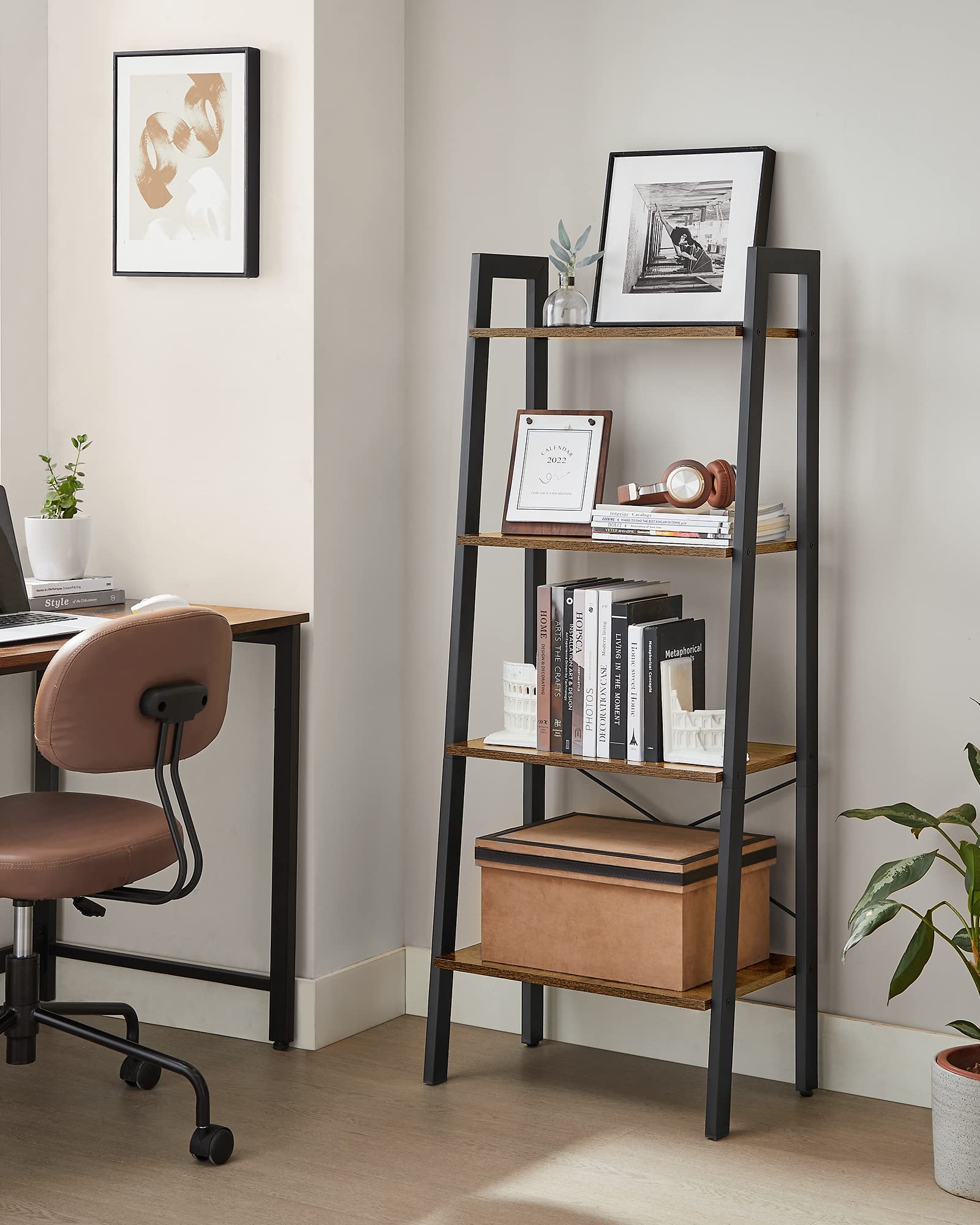 VASAGLE 4-Tier Industrial Ladder Shelf | Rustic Brown Bookshelf Rack