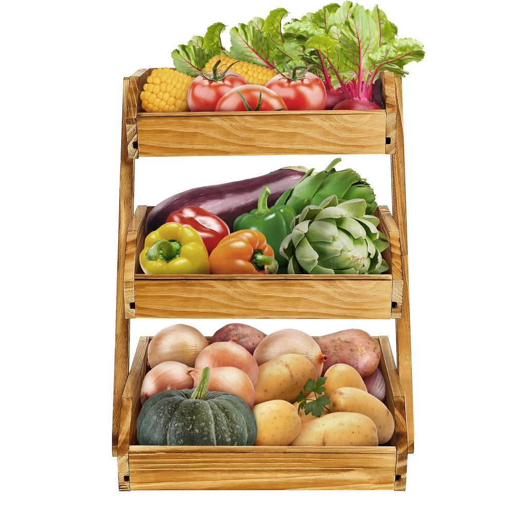 CALM COZY 3-Tier Wooden Fruit Basket – Bamboo Kitchen Vegetable Rack