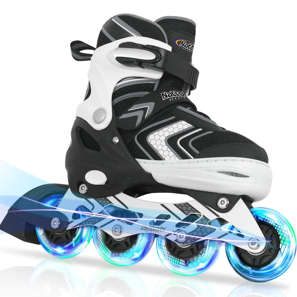 Nattork Kids Adjustable Inline Skates with Light Up Wheels – Black Size M