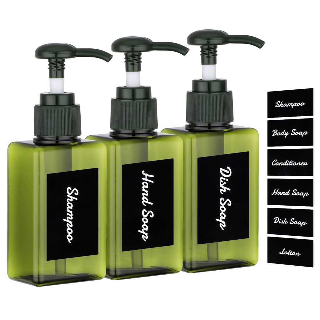 Segus Hand Soap Dispenser, 3 Pieces 100ml Empty Shampoo Bottles, Small Shower Dispensers with Labels, in Plastic, Bathroom Accessories Dark Green