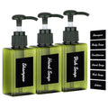 Segus Hand Soap Dispenser, 3 Pieces 100ml Empty Shampoo Bottles, Small Shower Dispensers with Labels, in Plastic, Bathroom Accessories Dark Green
