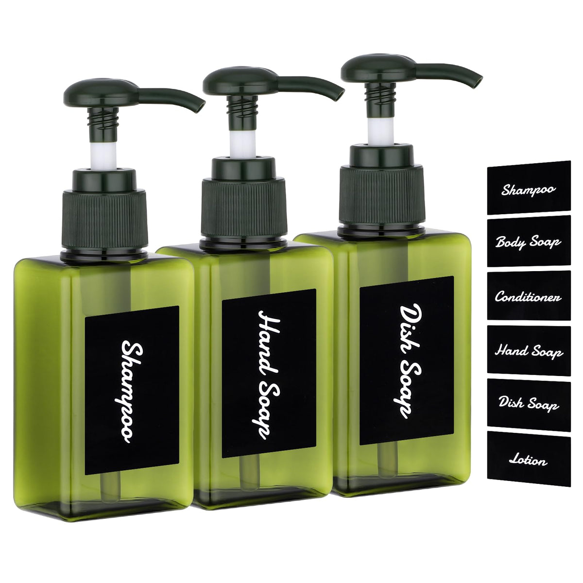 Segus Hand Soap Dispenser, 3 Pieces 100ml Empty Shampoo Bottles, Small Shower Dispensers with Labels, in Plastic, Bathroom Accessories Dark Green