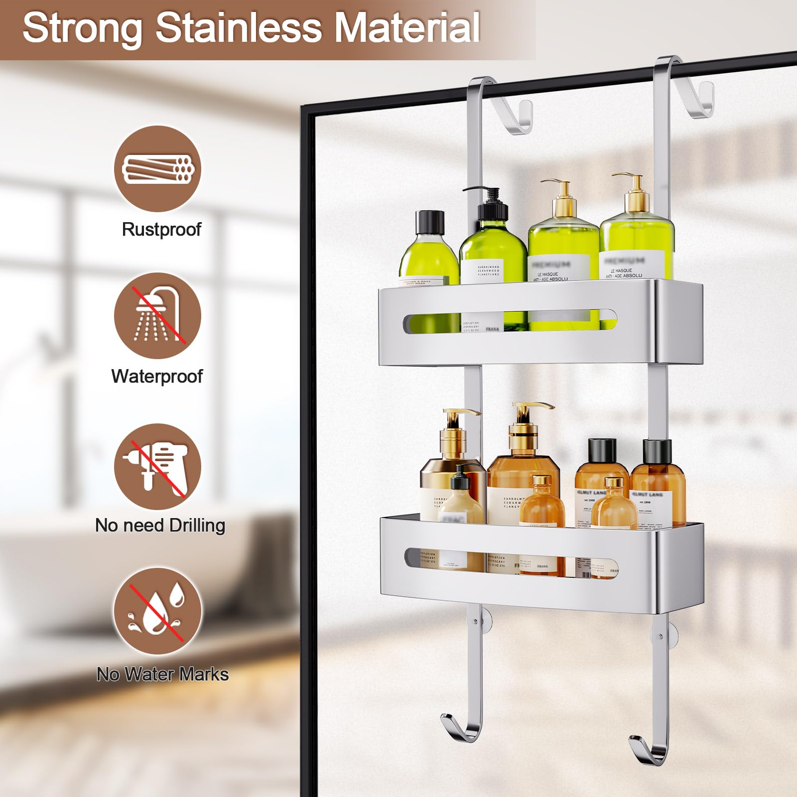Ajex Over Door Shower Caddy – 2-Tier Rustproof Stainless Steel Organizer