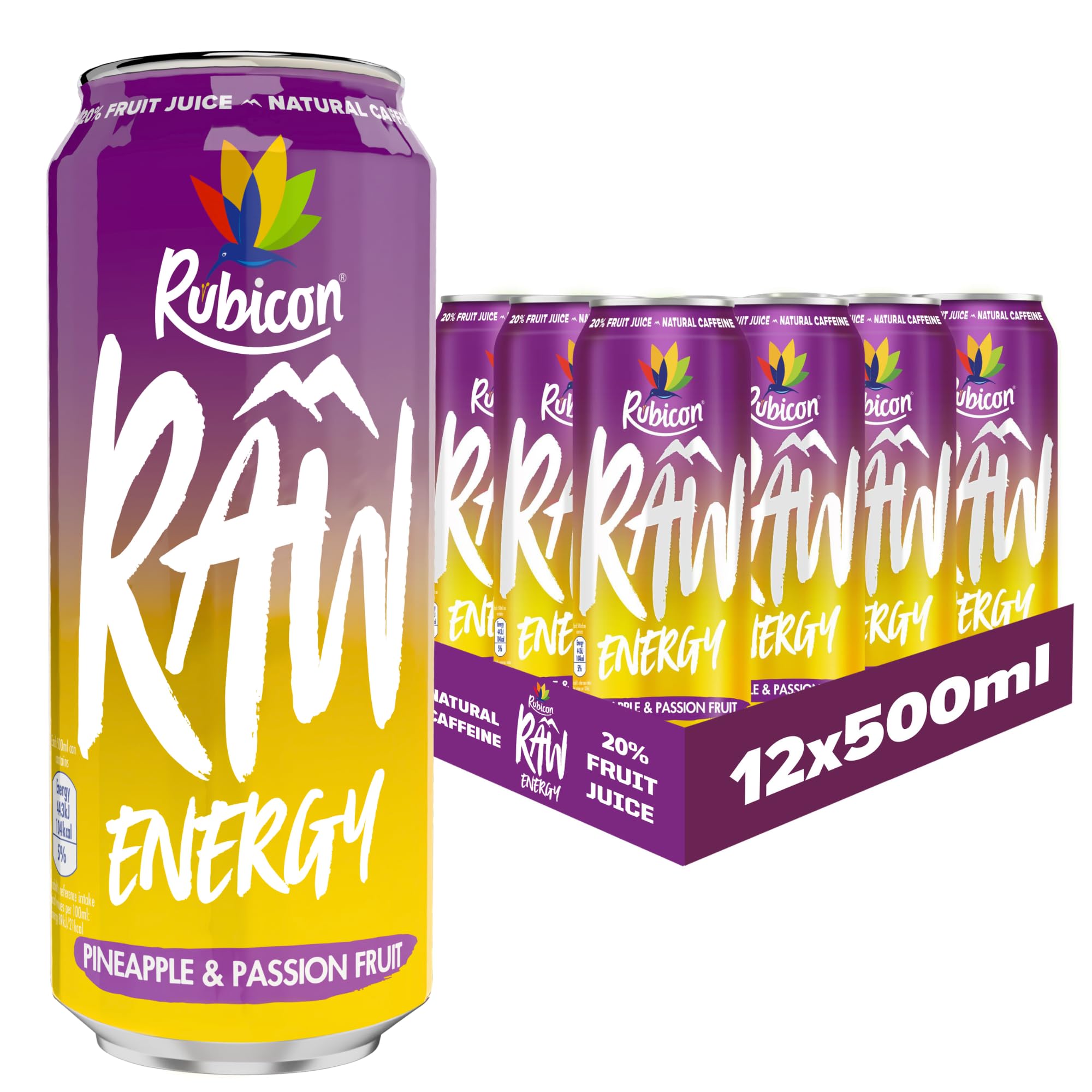 Rubicon RAW Pineapple & Passion Energy Drink - 12 x 500ml Cans