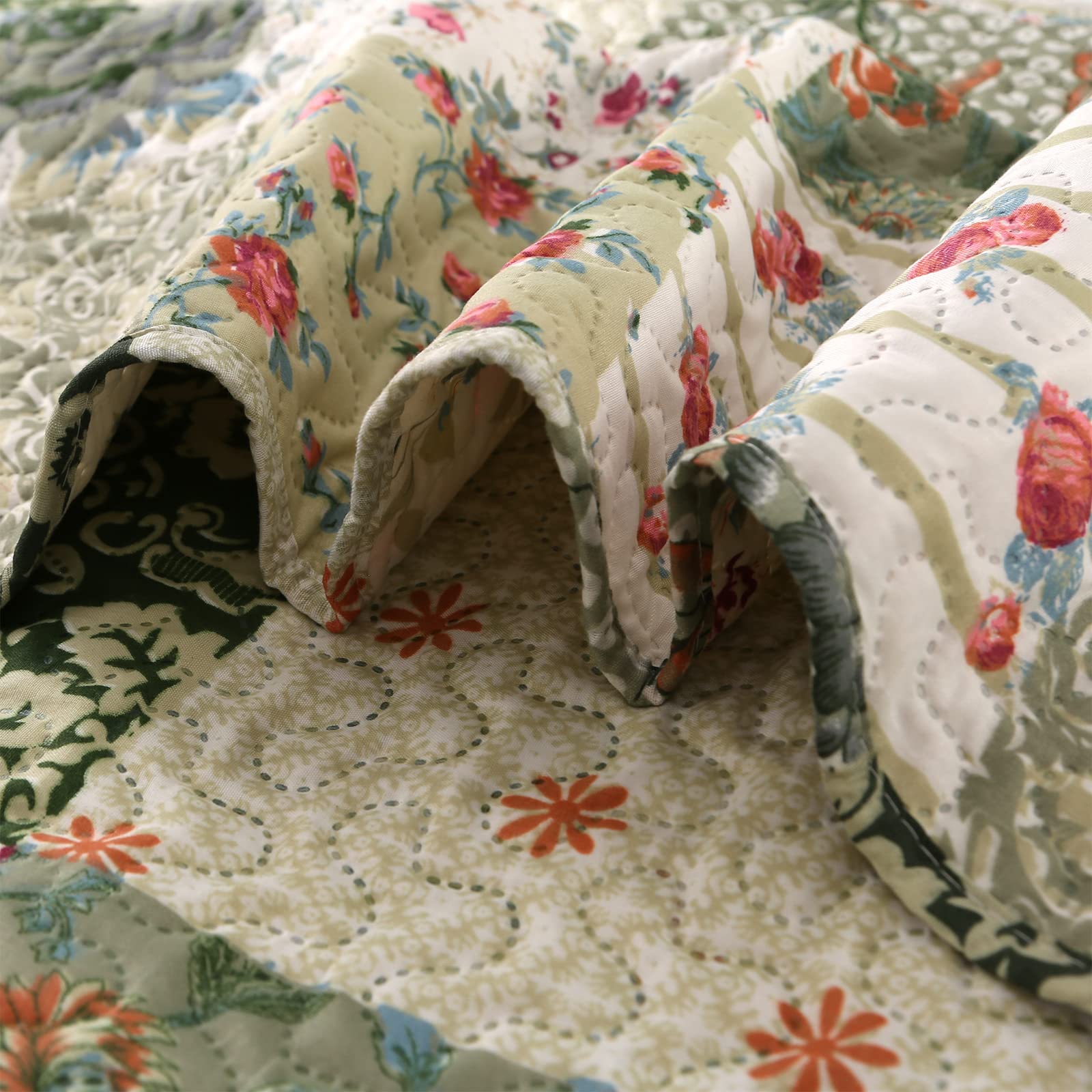 Qucover Double Bedspread Set – Green Floral Patchwork Ultrasonic Quilt