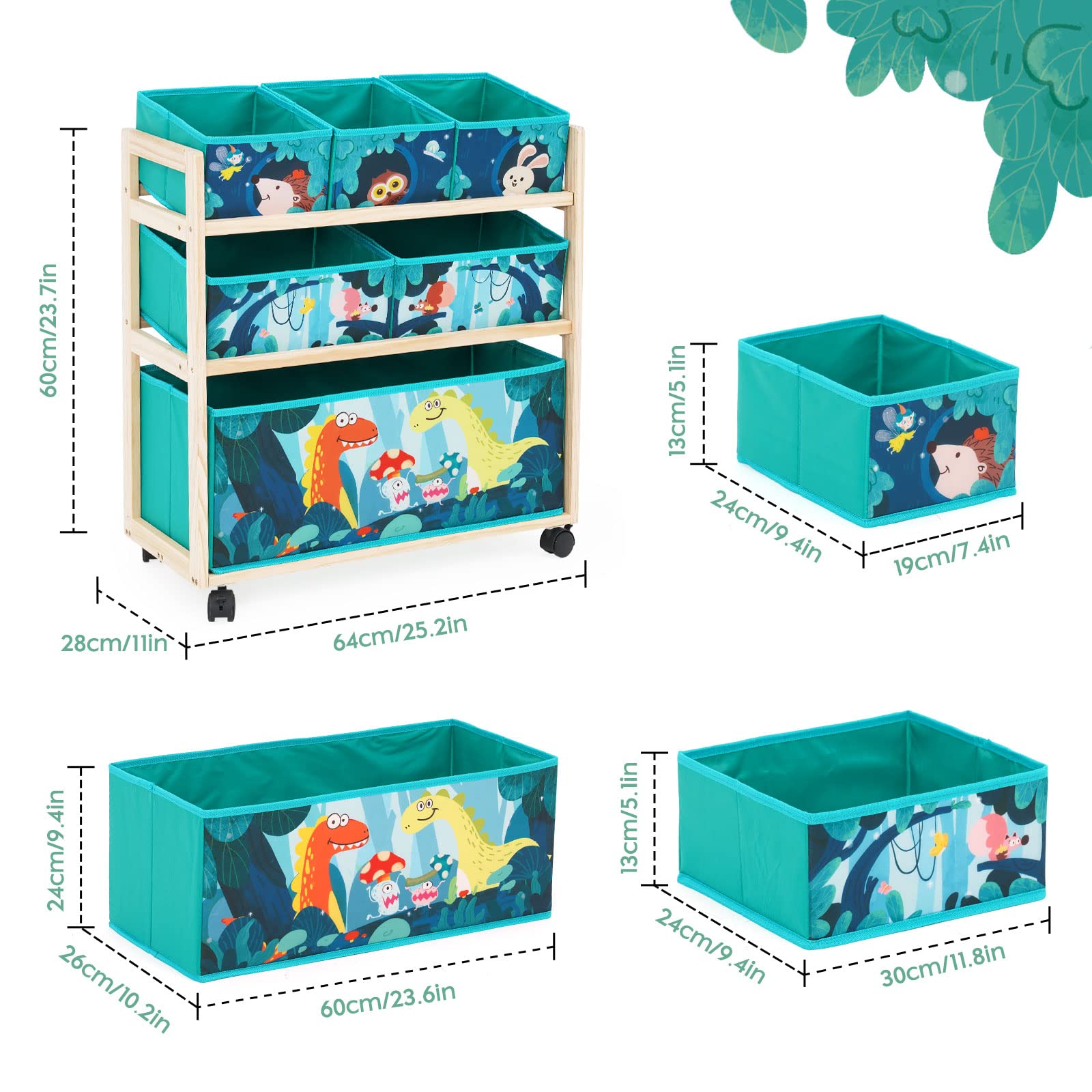 HOMCENT Kids Toy Storage Organizer | Rolling Wood Cart with 6 Bins