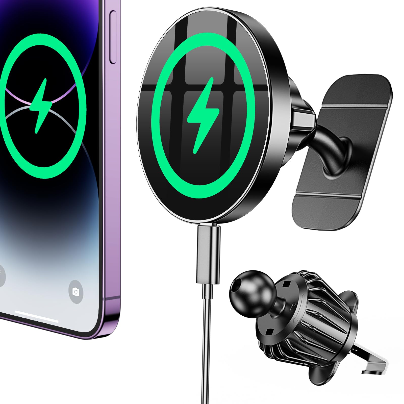 Coolpow MagSafe Car Mount Charger – 15W Wireless | Magnetic Vent & Dash Holder for iPhone 15, 16, 17