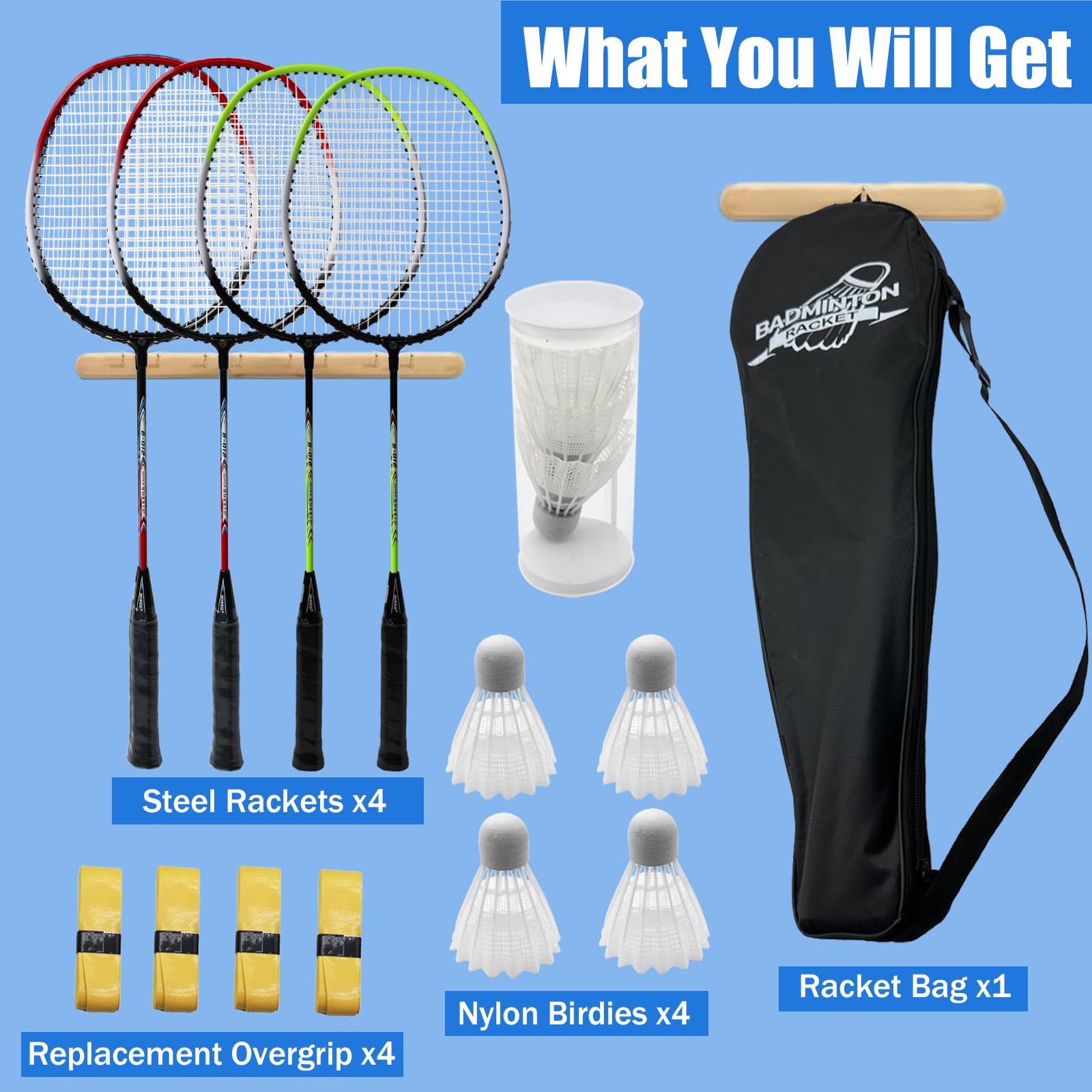 Magicorange Badminton Rackets Set of 4 - Aluminum Outdoor Game Set