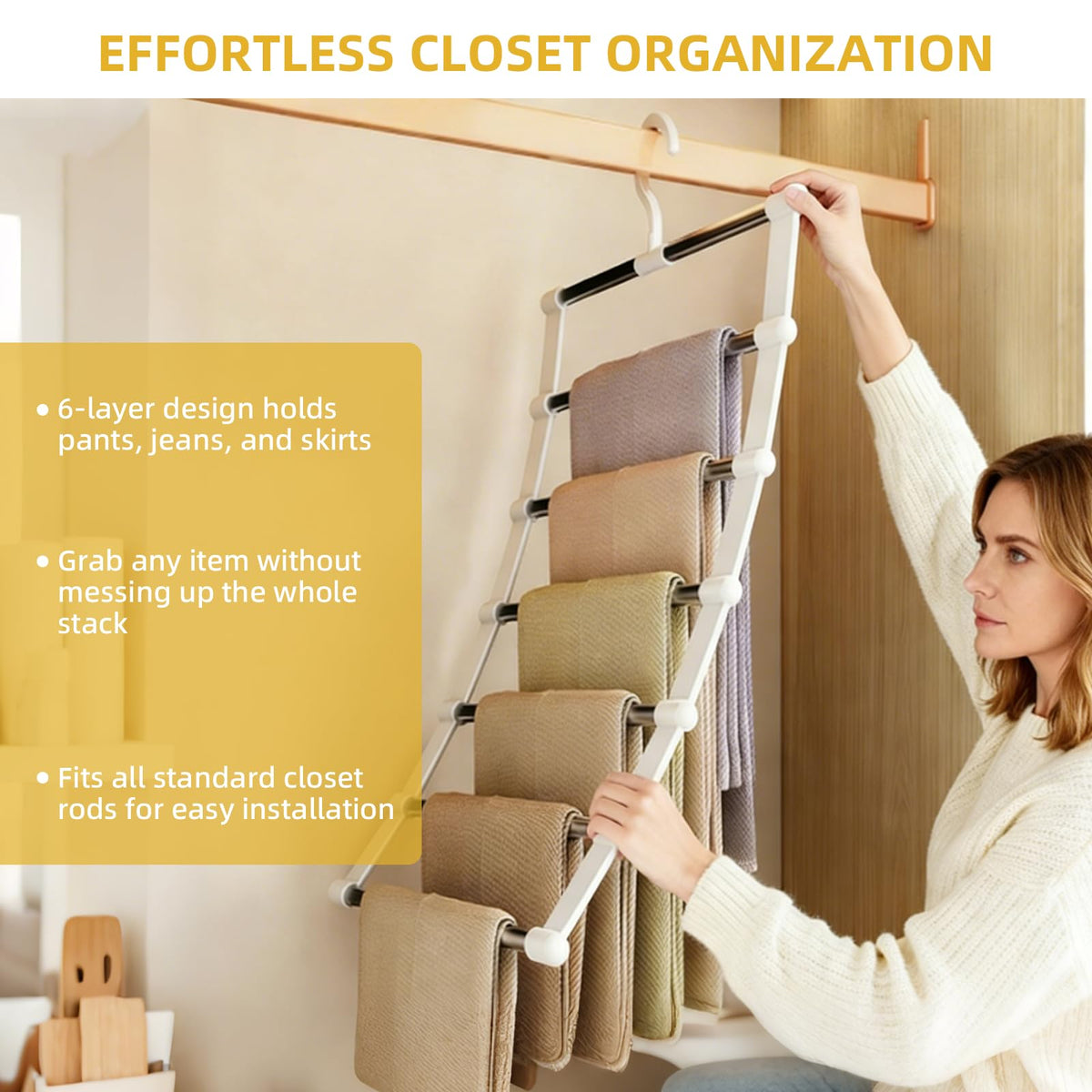 Trouser Hangers Space Saving for Wardrobe Closet, 3 Pack Multi Layer Metal Trouser Hangers for Women, 360° Rotatable Closet Organizer for Skirt - image 5