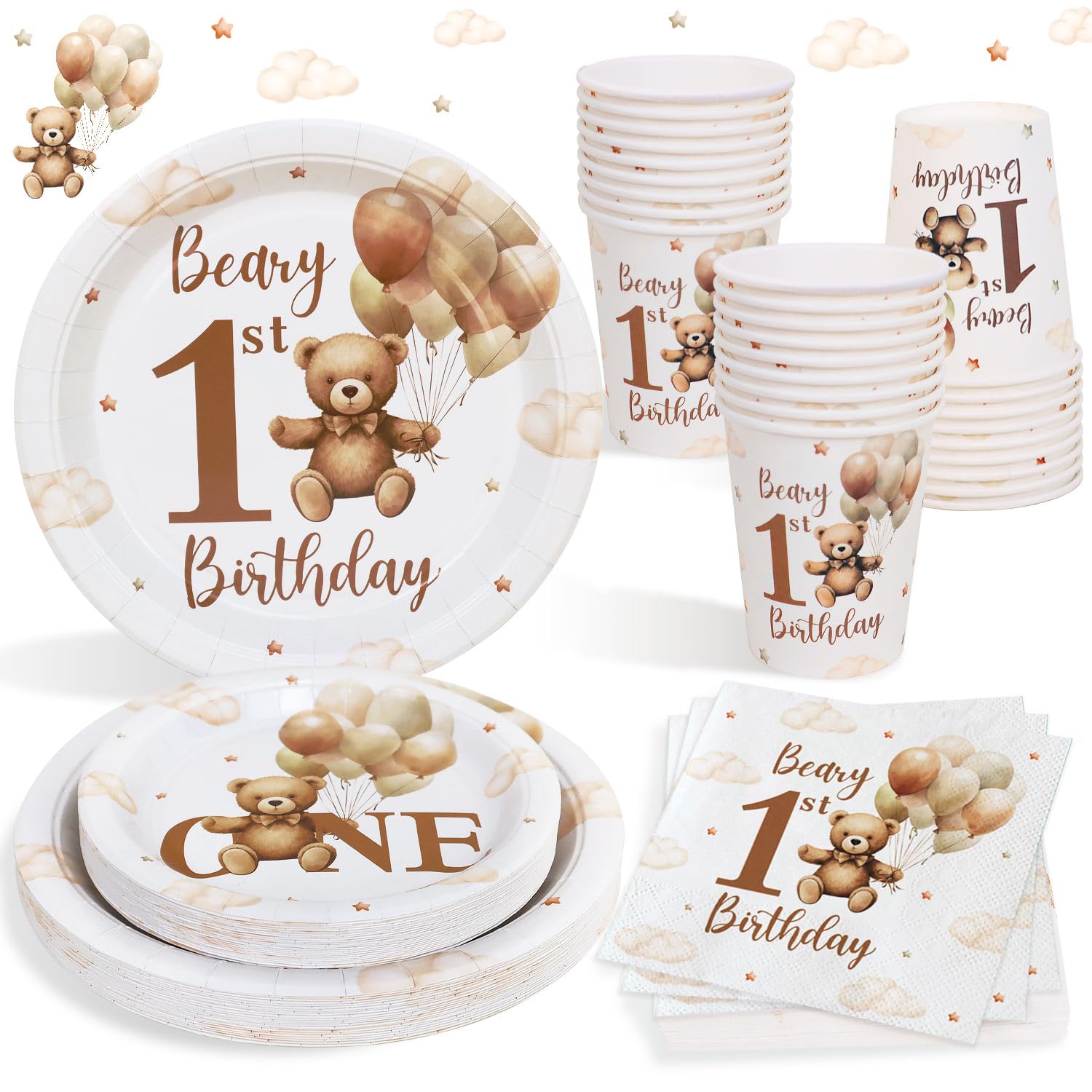 Heboland Bear 1st Birthday Party Tableware Set – 100Pcs Teddy Bear Decor