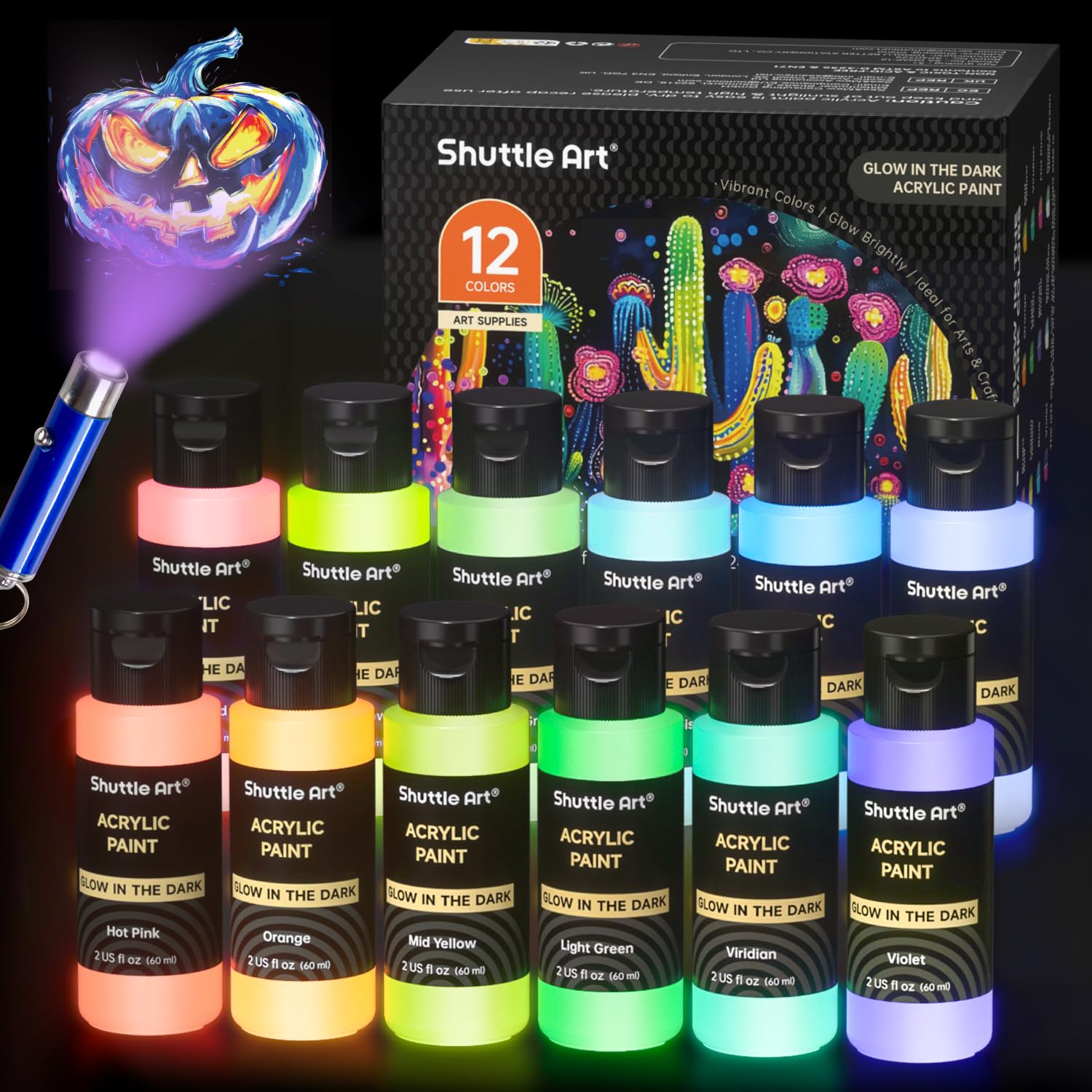 Shuttle Art Glow in the Dark Acrylic Paint Set - 12 Colors with UV Light