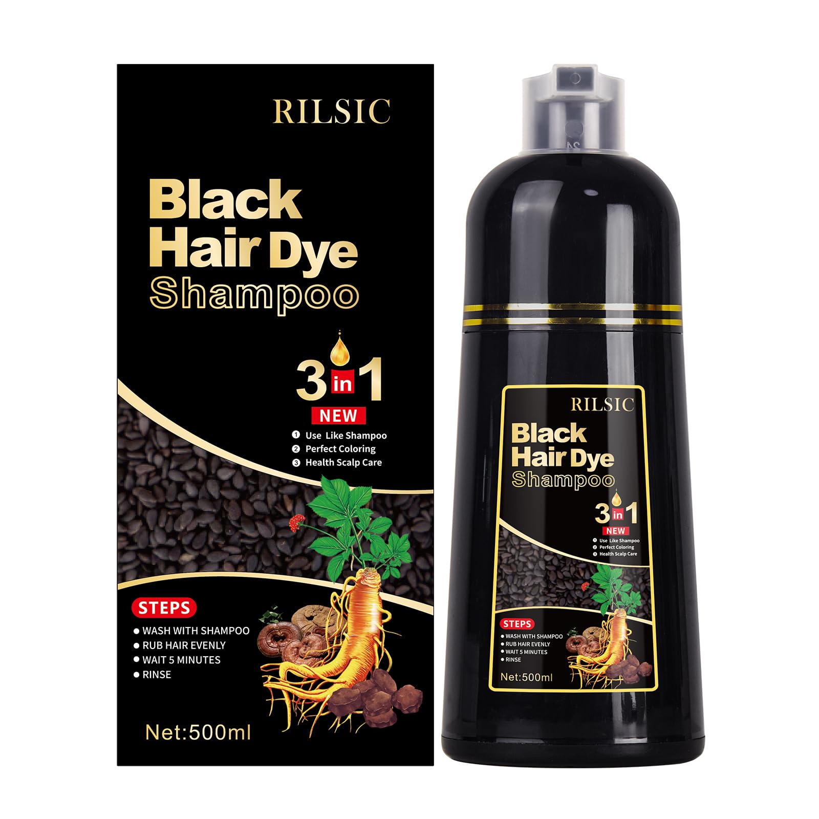 3-in-1 Black Hair Dye Shampoo for Grey Hair Coverage - 500ml