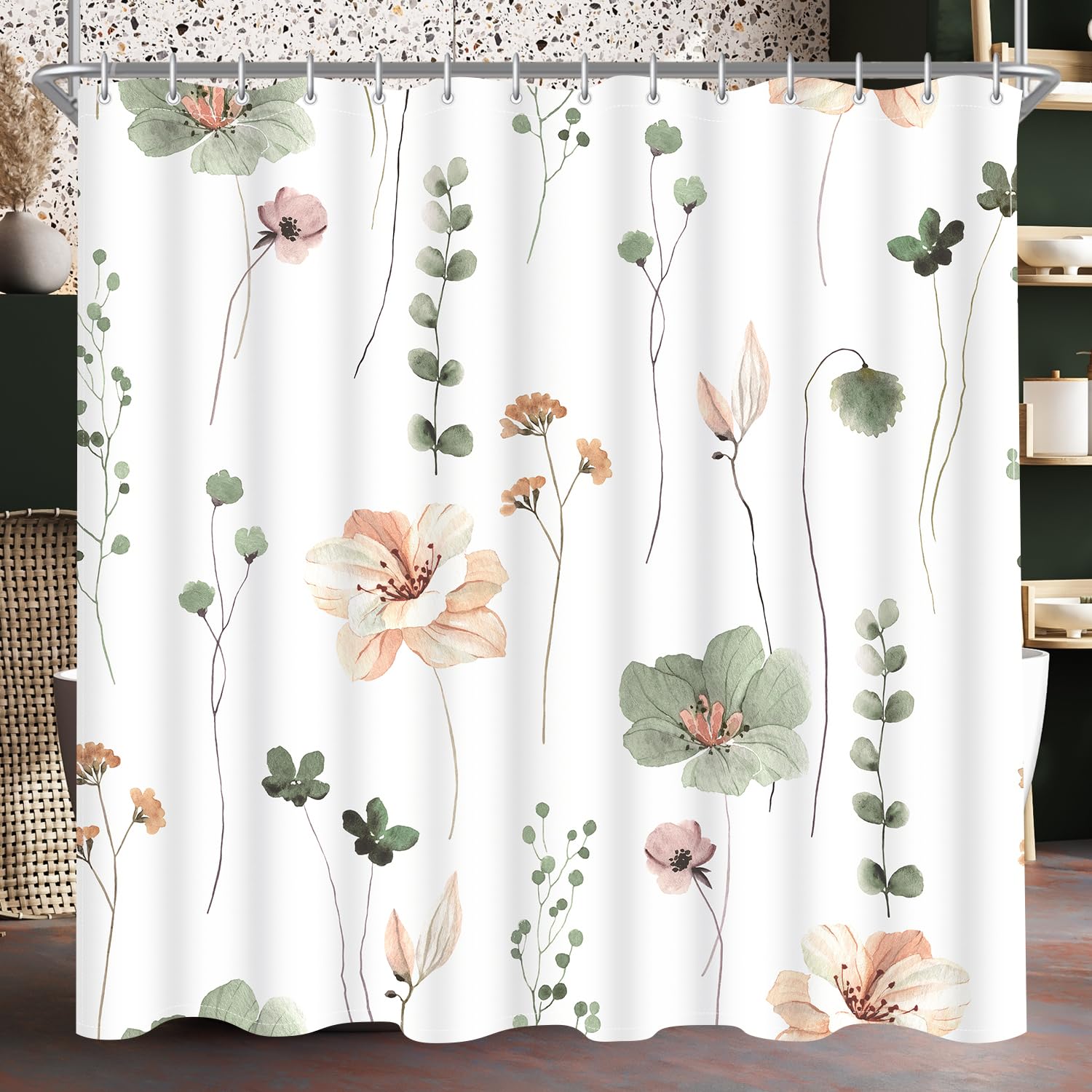 Lerores Sage Green Flower Shower Curtain | 180x200cm Anti-Mould Polyester