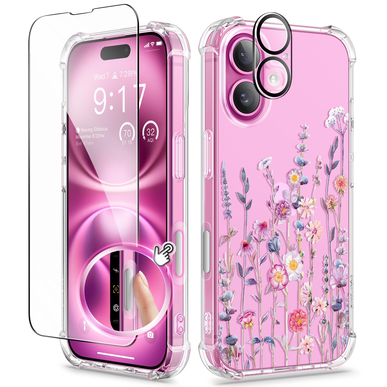 GVIEWIN iPhone 16 Case | Clear Floral Shockproof Cover with Protectors