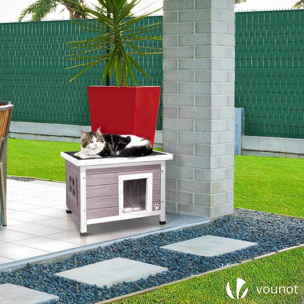 VOUNOT Wooden Outdoor Cat House – Weatherproof Pet Shelter, Grey