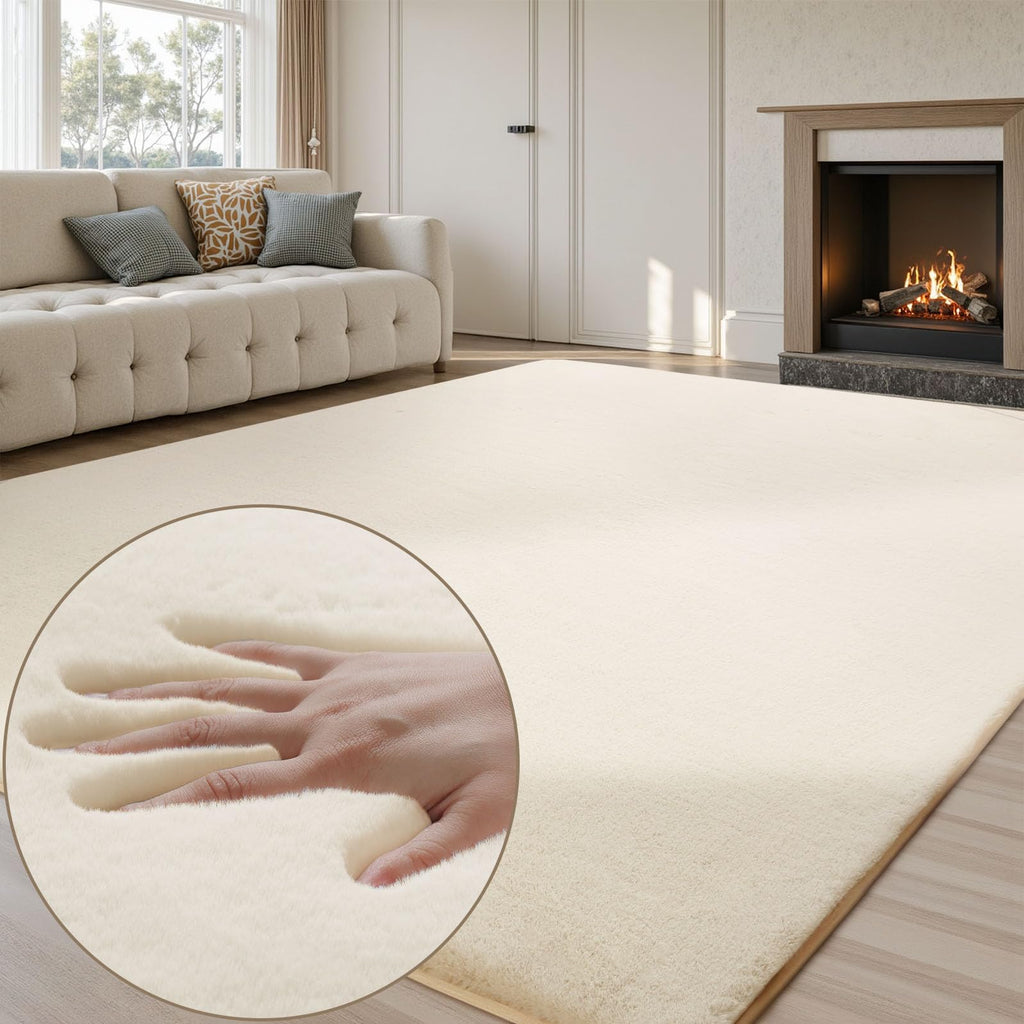 Grey Faux Rabbit Fur Area Rug – Non-Slip Soft Living Room Carpet