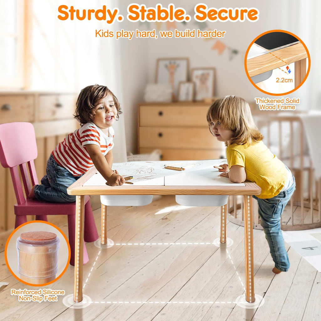 TERRASMUS Wooden Sensory Table | 3 Bins Activity Desk for Sand and Water
