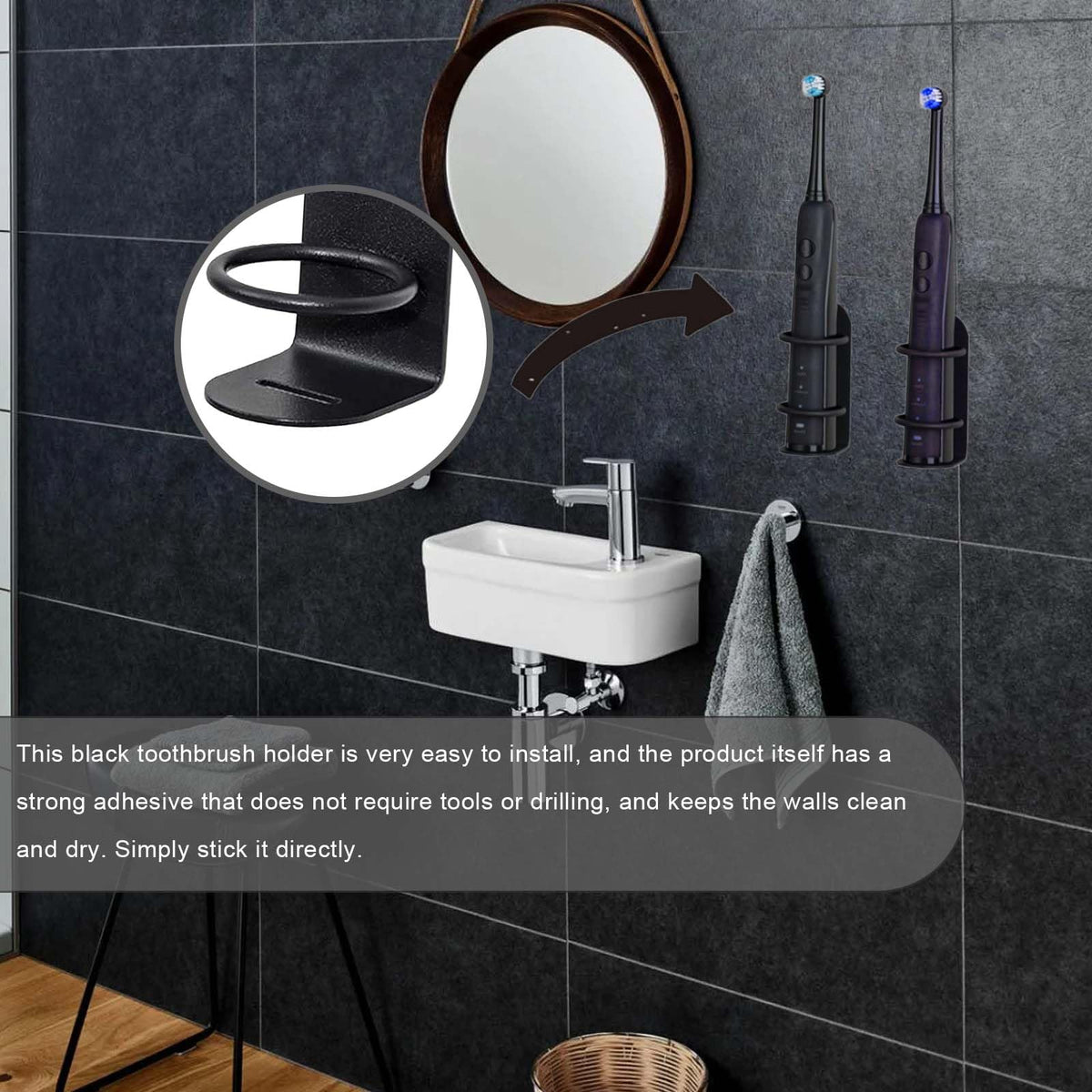 2 Packs Electric Toothbrush Holder, Wall Mounted, Self-Adhesive, Stick On The Wall For Bathroom, Non-Drilling Black