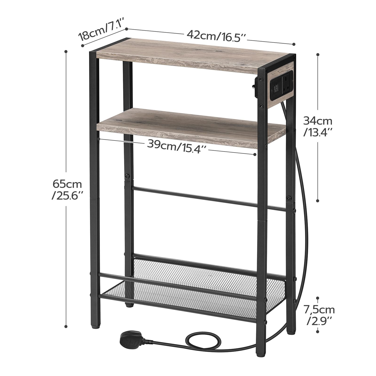 HOOBRO Slim Side Table with Charging Station | 3-Tier Narrow End Table