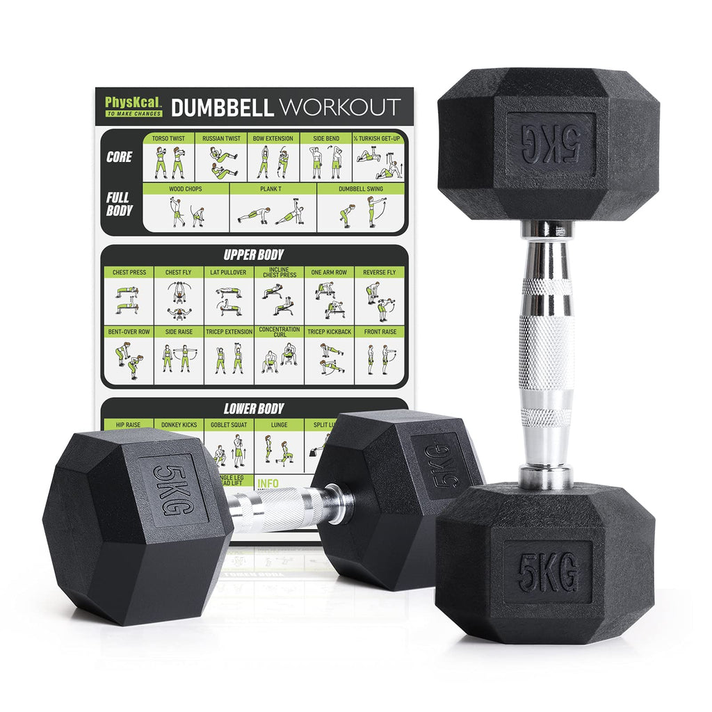 PhysKcal Odourless Poly Rubber Hex Dumbbells | Home Gym Weights Set