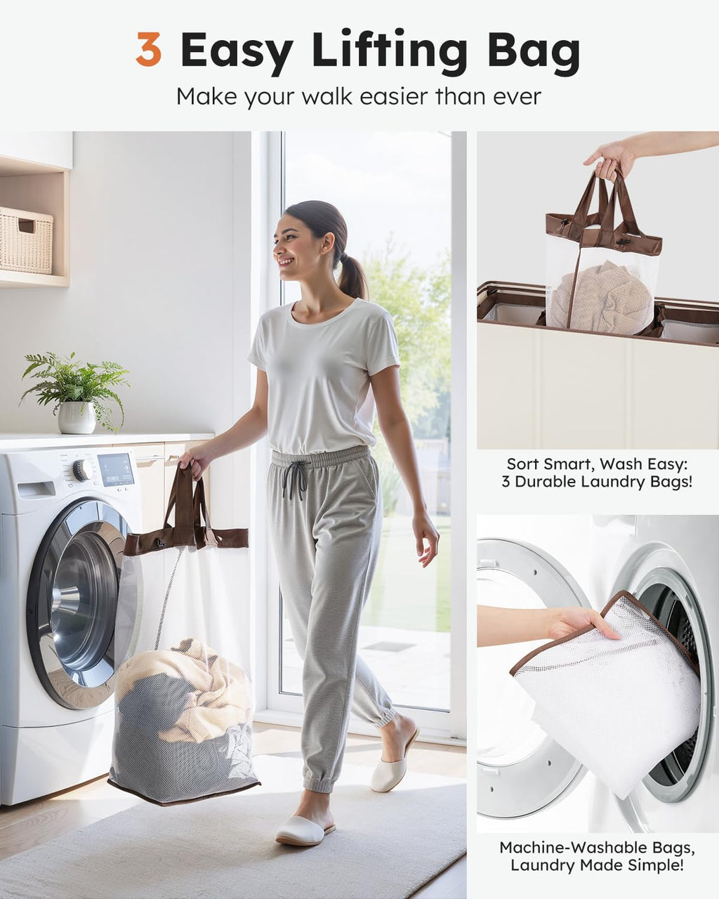Jolof Store 180L Laundry Basket with Lid | 3-Section Large Clothes Hamper