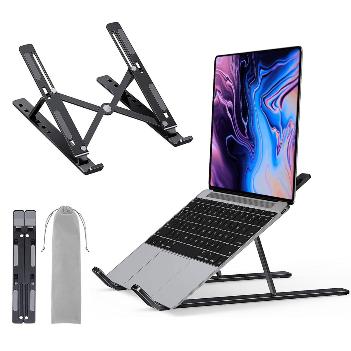 LAC FUTURE Laptop Stand for Desk, Black Aluminium – Adjustable Laptop Stand 7 Levels, Foldable & Portable, Holder Ventilated, Non-Slip