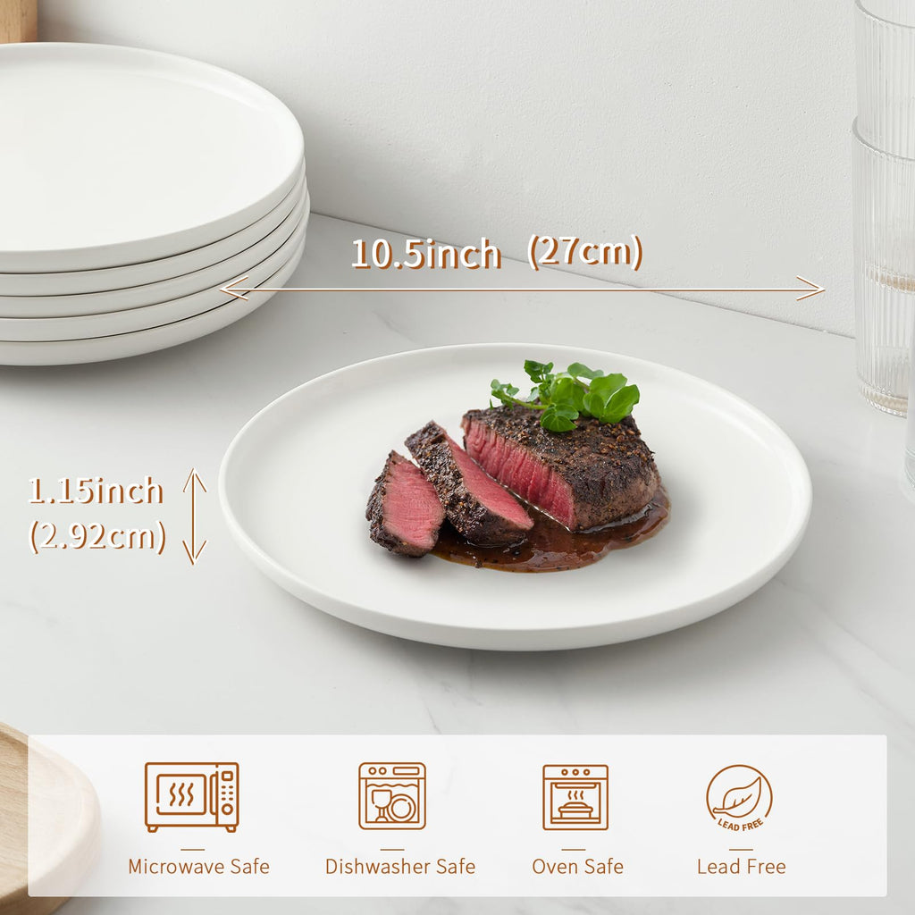 Jassceram 10.5 Inch White Ceramic Dinner Plates | Set of 6 Round Plates