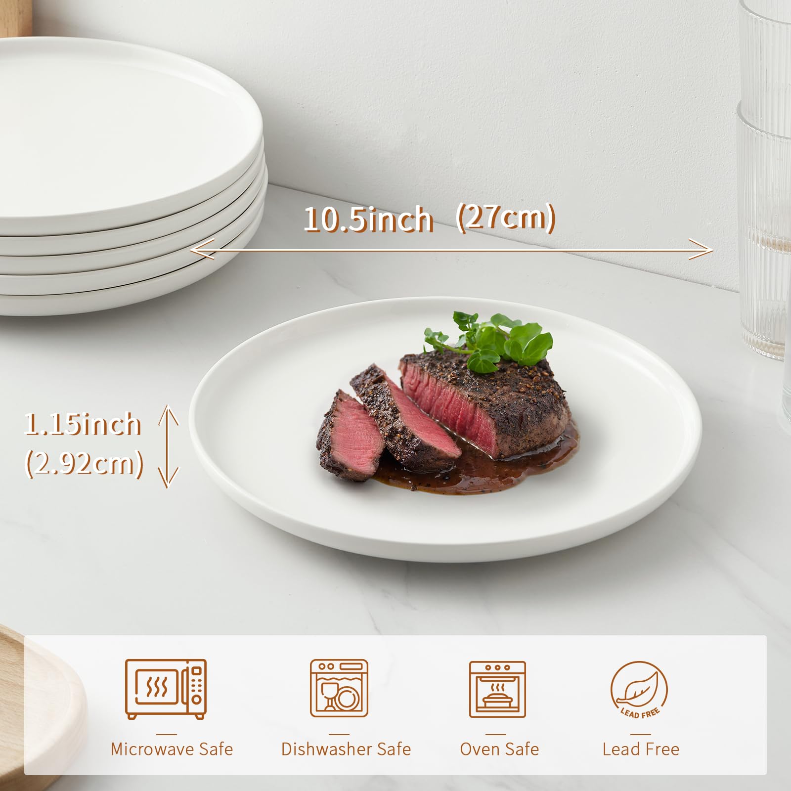 Jassceram 10.5 Inch White Ceramic Dinner Plates | Set of 6 Round Plates